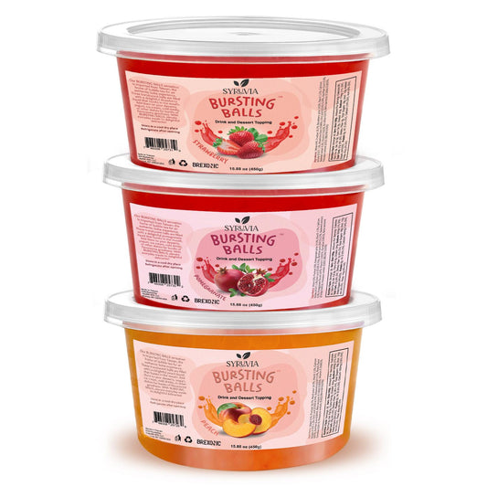 3-Flavors Popping Boba – Strawberry, Pomegranate & Peach Bursting Pearls for Drinks & Desserts, 1LB (Pack of 3)