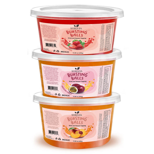 3-Flavors Popping Boba – Strawberry, Passion Fruit & Peach Bursting Pearls for Drinks & Desserts, 1LB (Pack of 3)