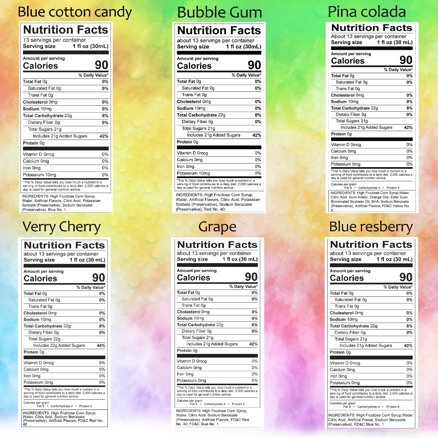 Blue Cotton Candy Bubble Gum Pina Colada Blue Raspberry Cherry Grape  Shaved ice syrup nutrition facts