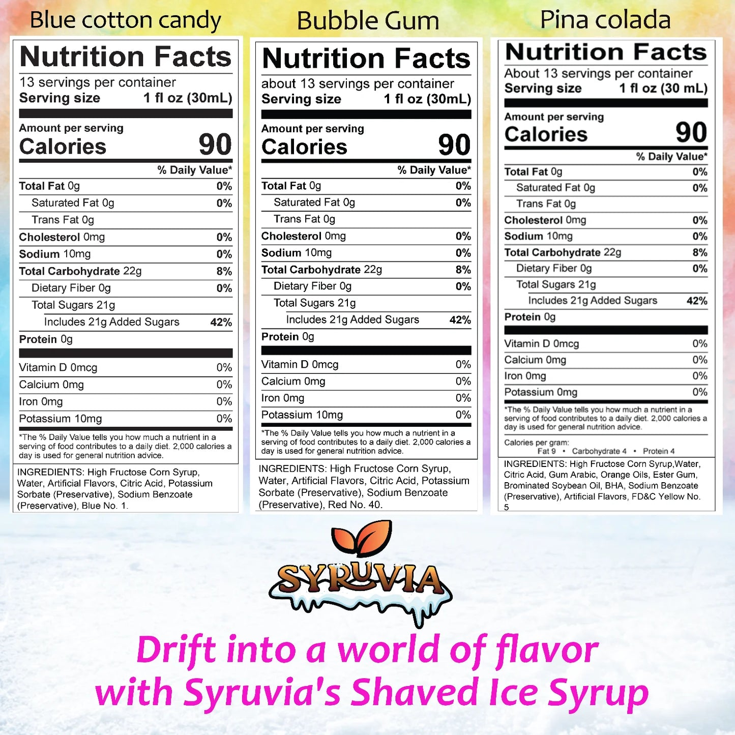 Blue Cotton Candy Bubble Gum Pina Colada Shaved Ice Syrup nutrition facts