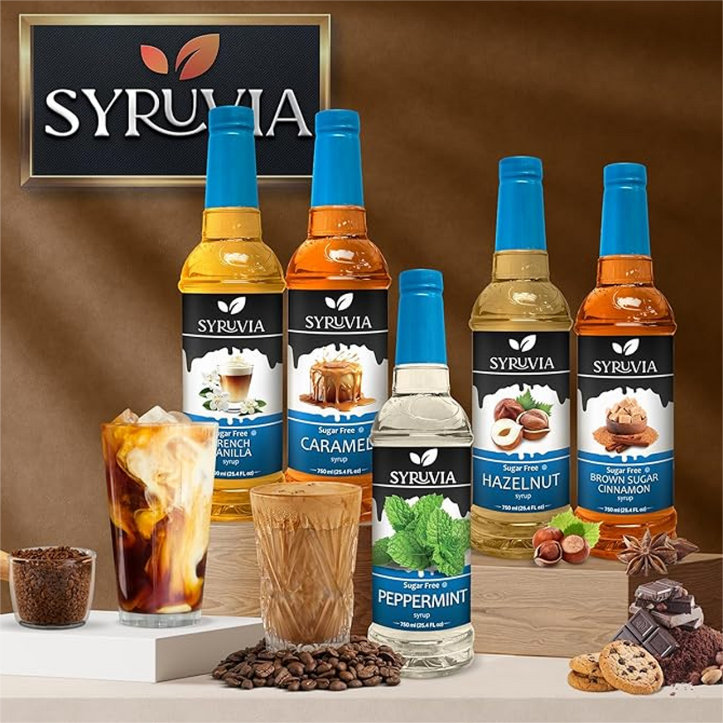 SYRUVIA syrup bottles with corresponding drinks and ingredients on a brown background