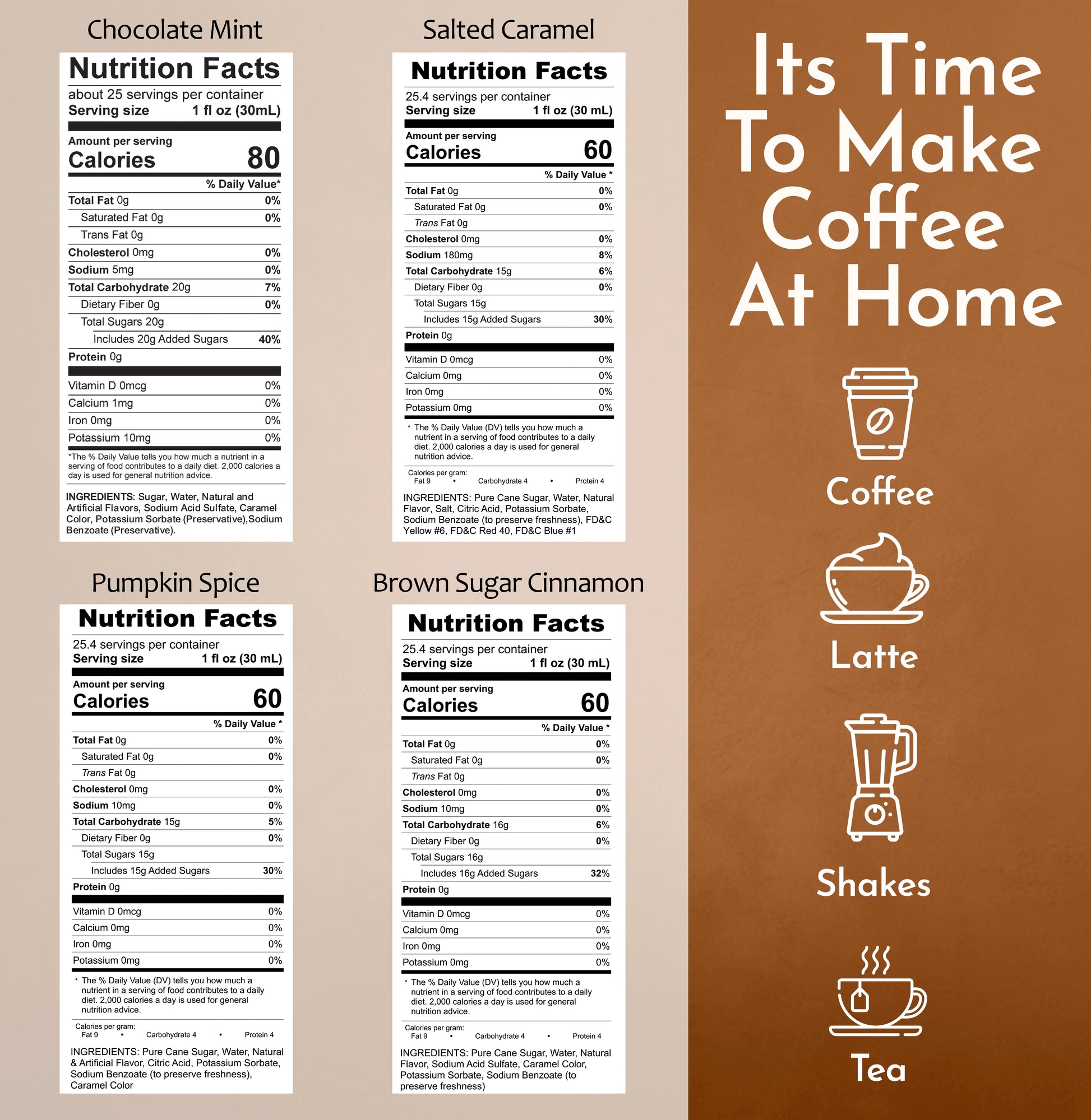 Chocolate Mint coffee Syrup Salted Caramel coffee Syrup Pumpkin Spice coffee Syrup Brown Sugar Cinnamon coffee Syrup nutrition facts