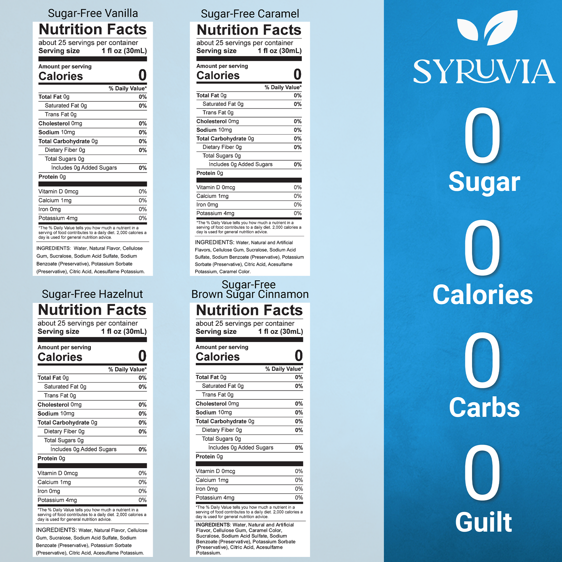 Nutrition facts  Sugar Free Vanilla Caramel Hazelnut Brown Sugar Cinnamon Syrup