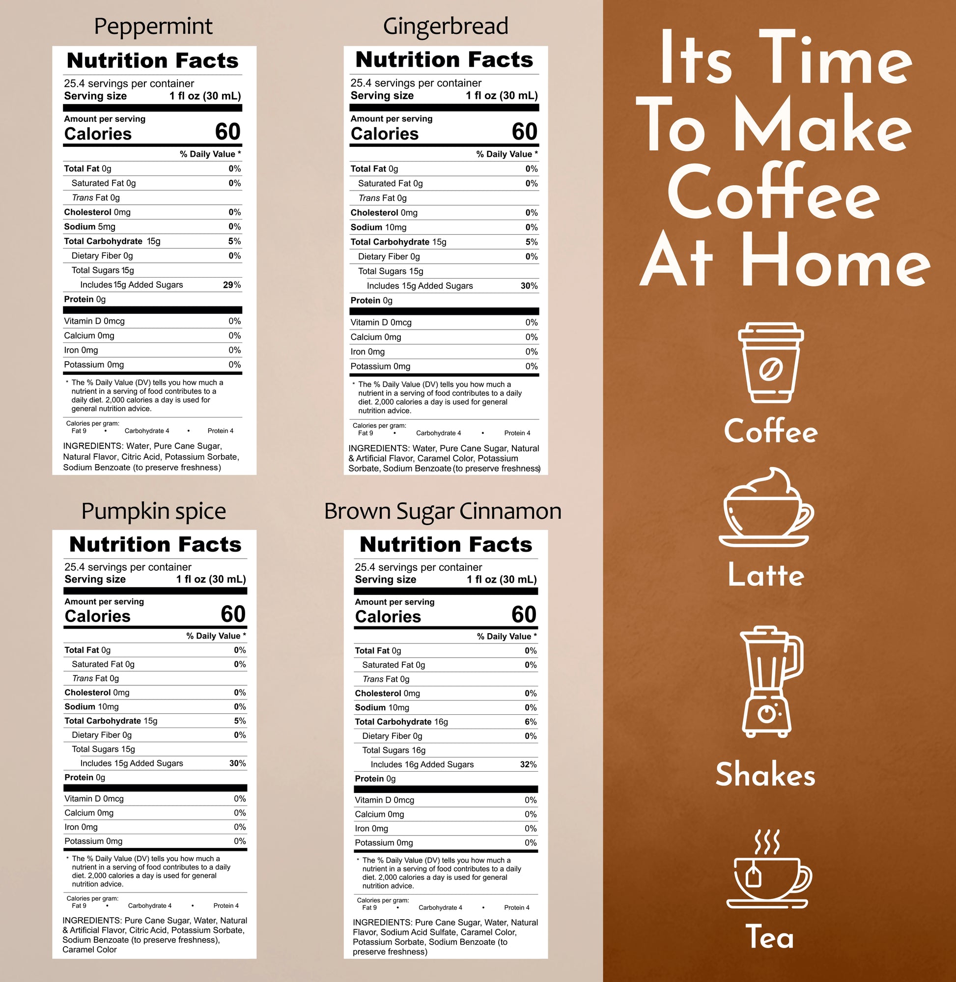 Peppermint Syrup Gingerbread Syrup Pumpkin Spice Syrup Brown Sugar Cinnamon Syrup Nutrition Facts