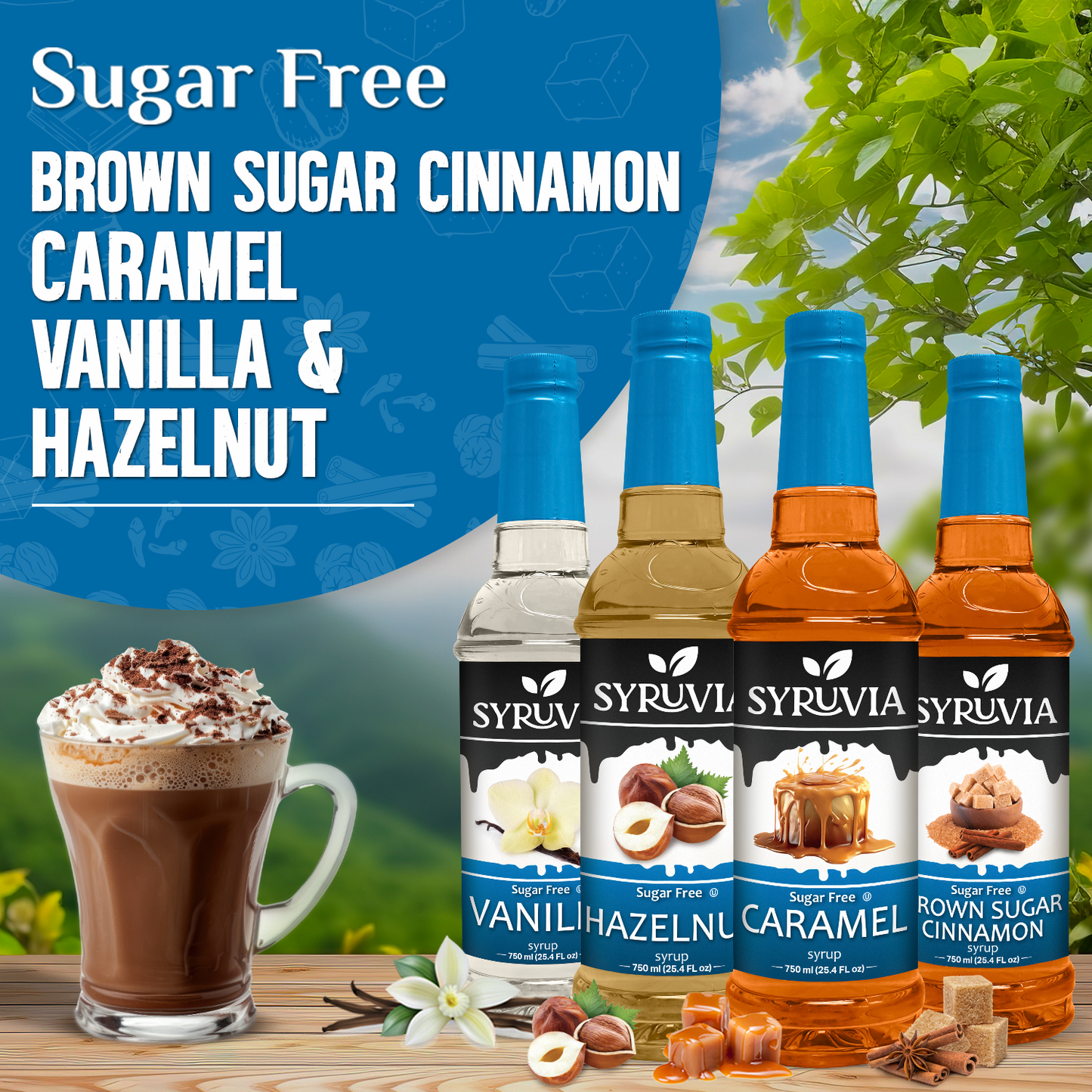 Sugar Free Vanilla Caramel Hazelnut Brown Sugar Cinnamon Syrup