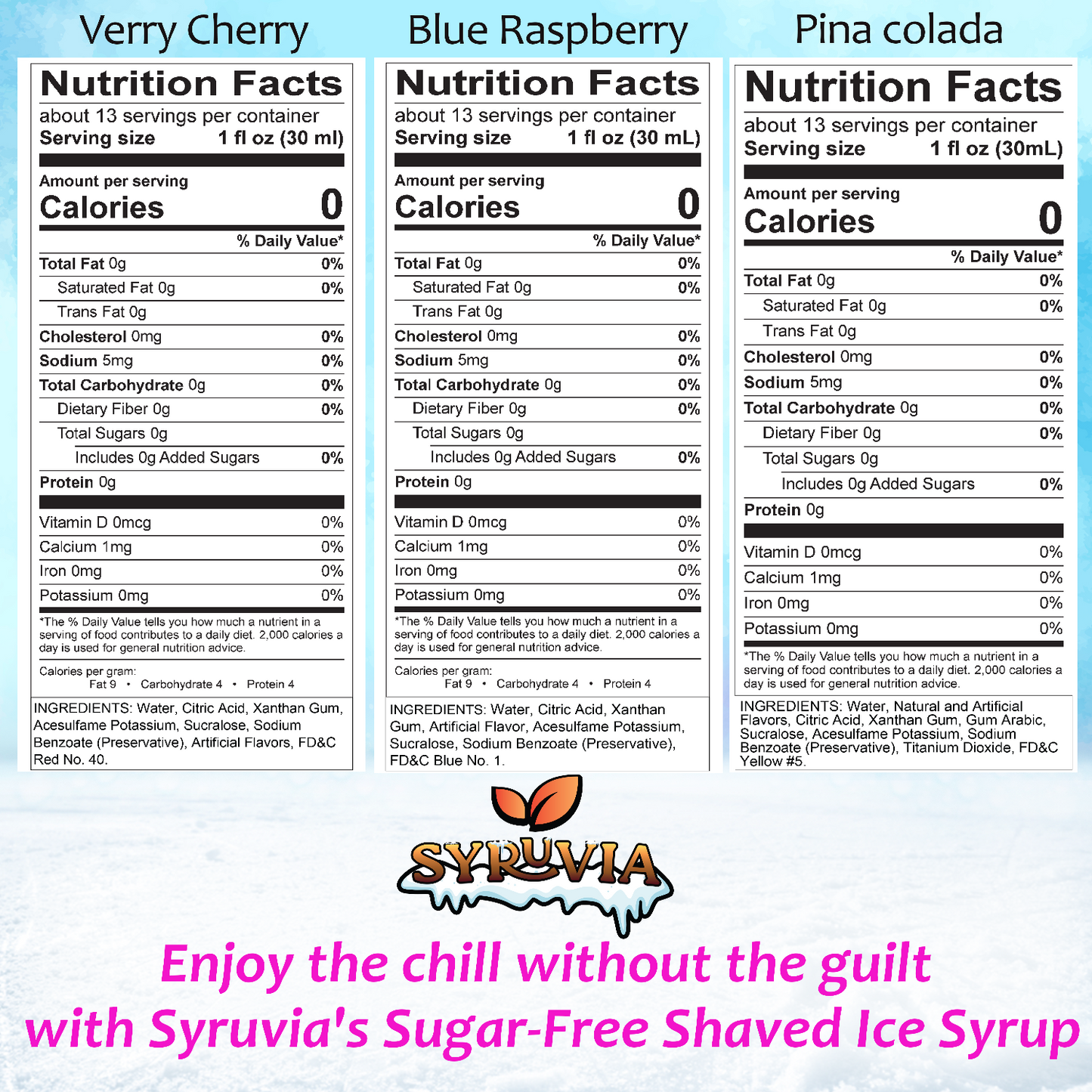 Sugar Free Very Cherry Blue Raspberry Pina Colada Syrup nutrition facts