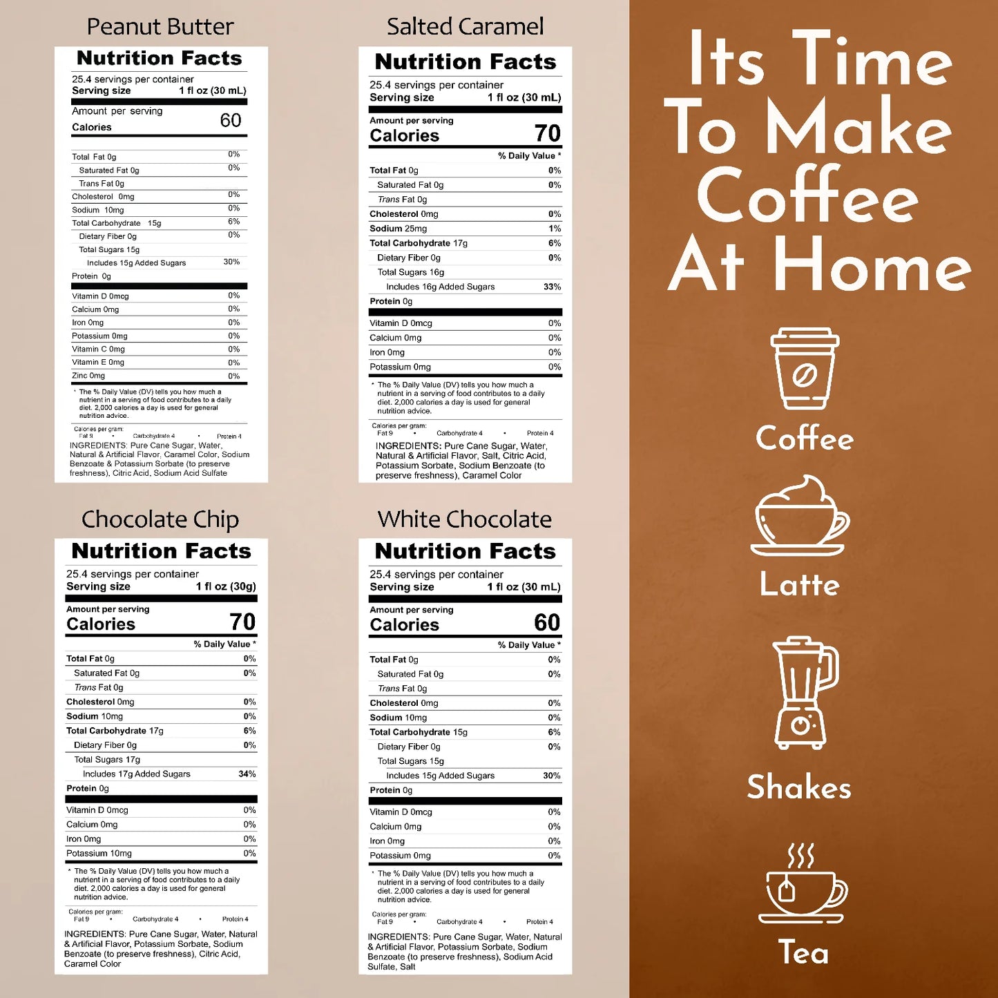 Syruvia Nutrition Facts Peanut Butter Cup Chocolate Chip Cookie Dough White Chocolate Salted Caramel Coffee Syrup