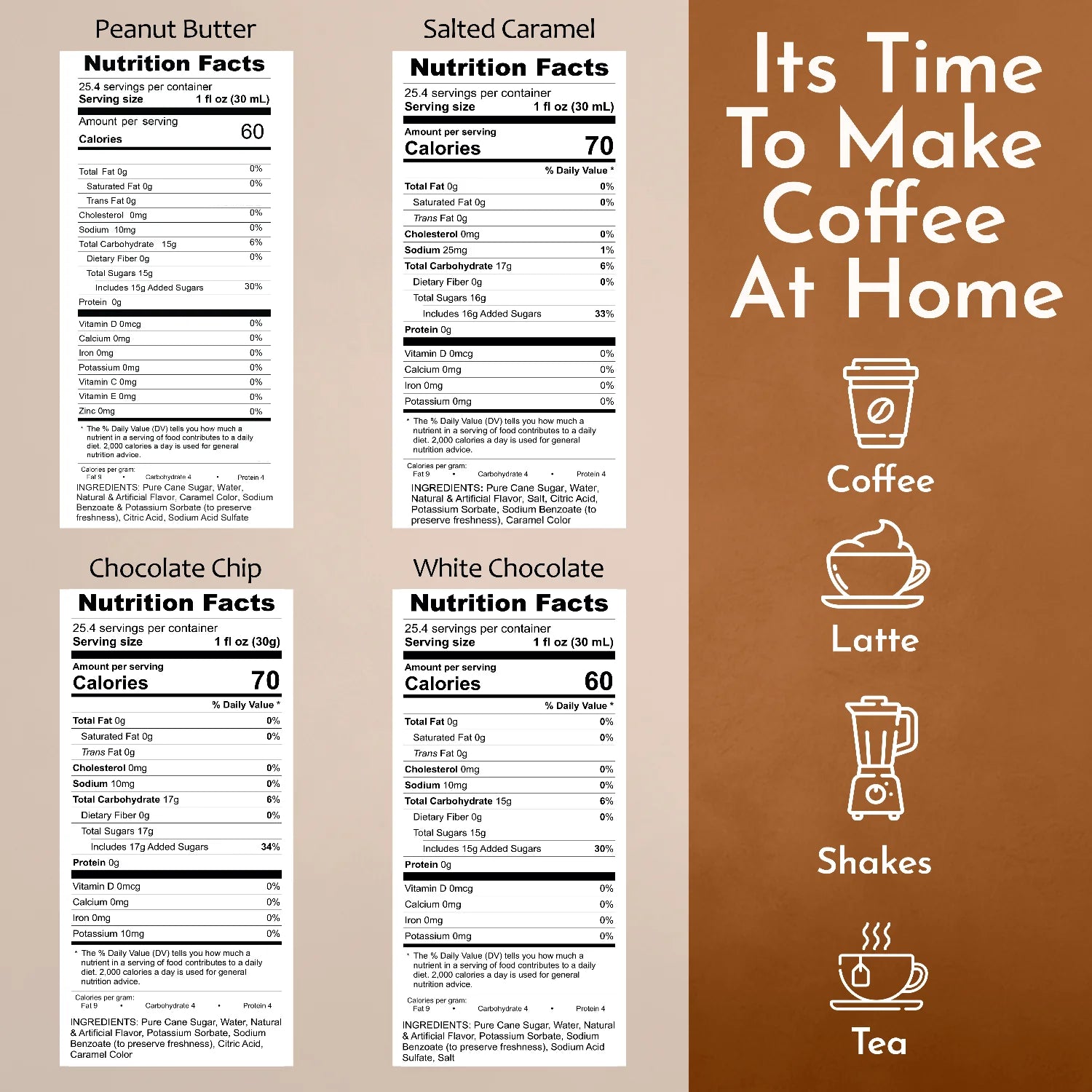 Syruvia Nutrition Facts Peanut Butter Cup Chocolate Chip Cookie Dough White Chocolate Salted Caramel Coffee Syrup