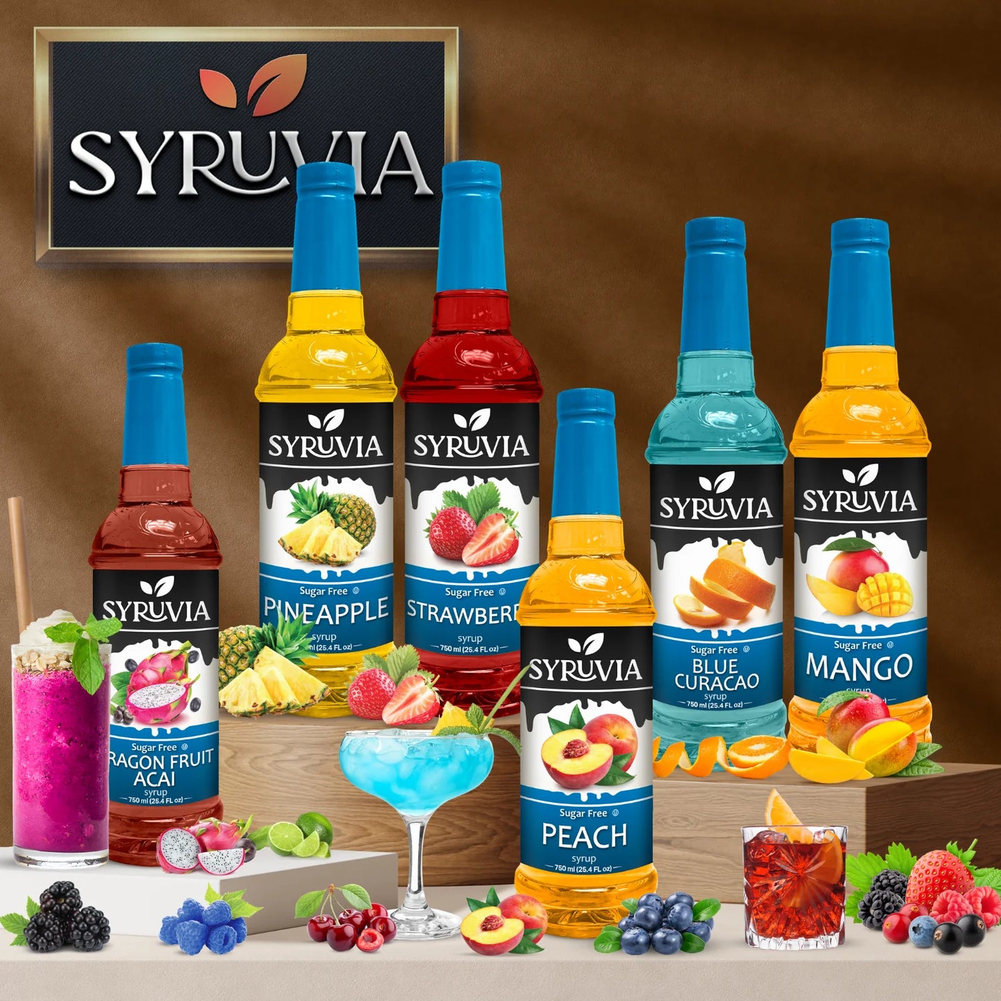 Syruvia Sugar Free Fruit Syrups Collection Featuring Cherry Mango Pineapple Strawberry Peach And Blue Curacao