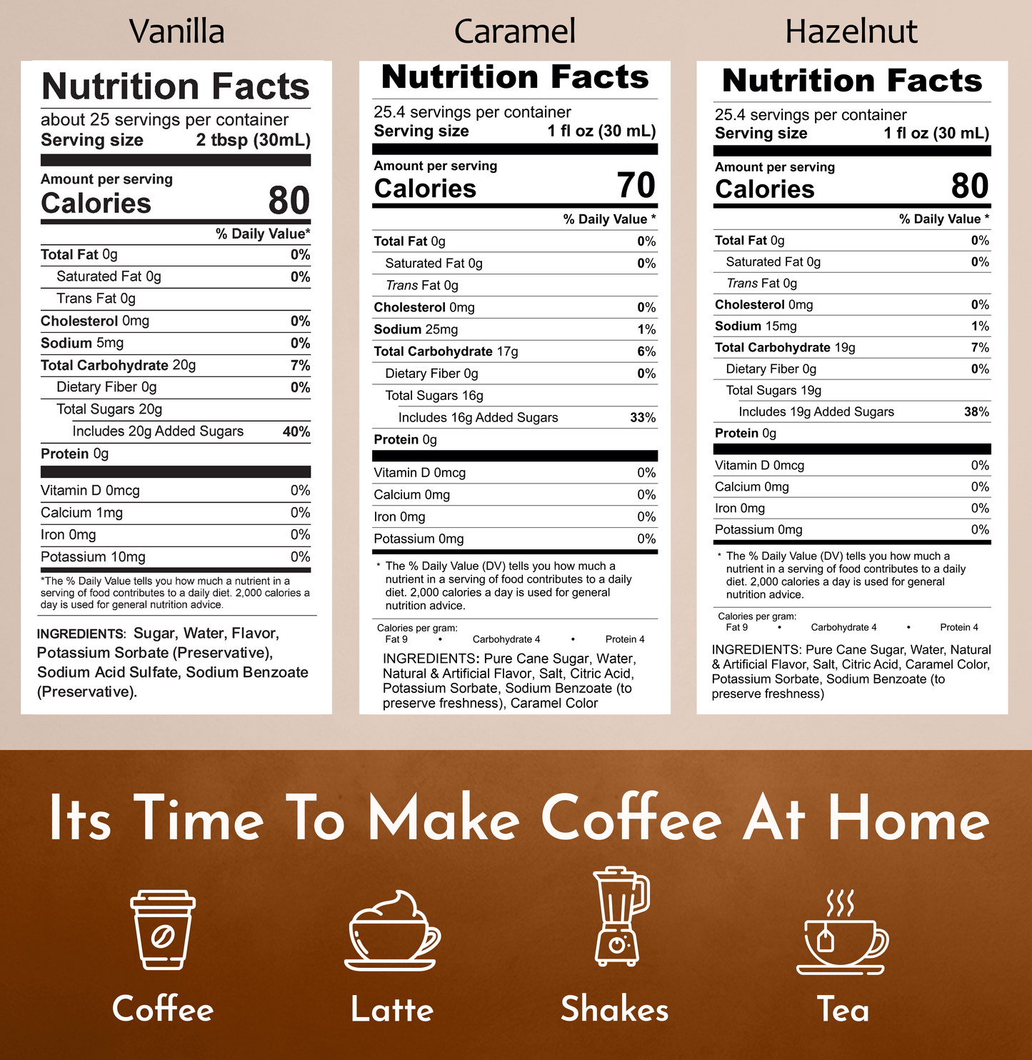 Vanilla Caramel Hazelnut syrup  for coffee  nutrition facts