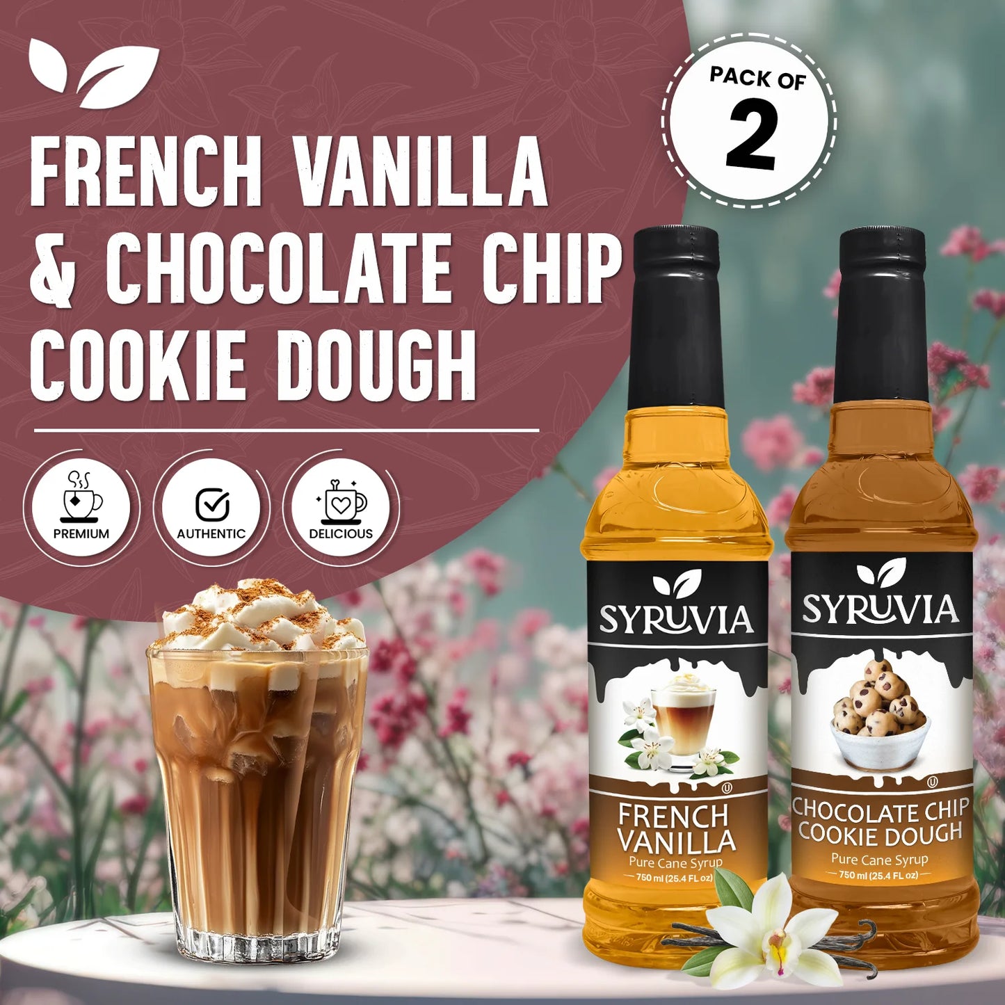 Two bottles of Syrvvia French Vanilla and Chocolate Chip Cookie Dough syrup with a glass of coffee and flowers in the background.