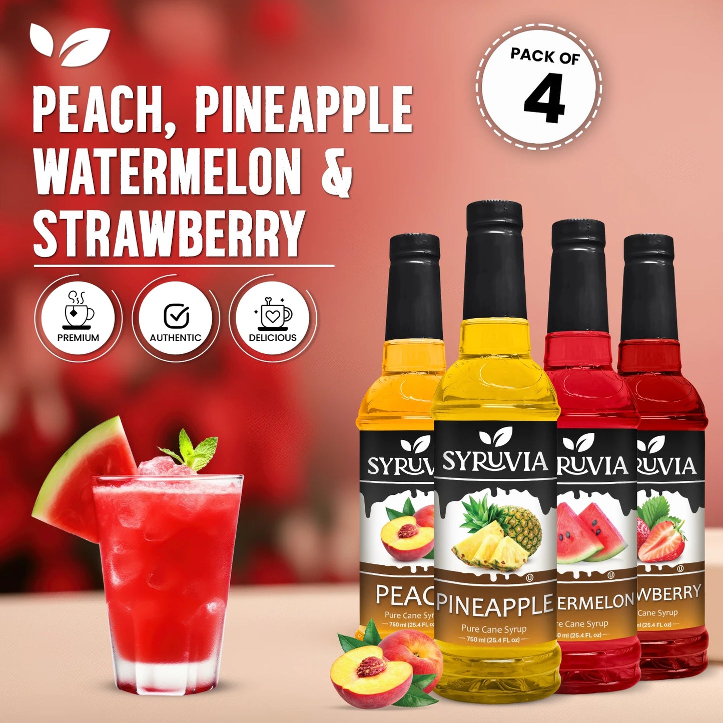 Variety Pack, Peach, Pineapple, Watermelon, and Strawberry Syrup