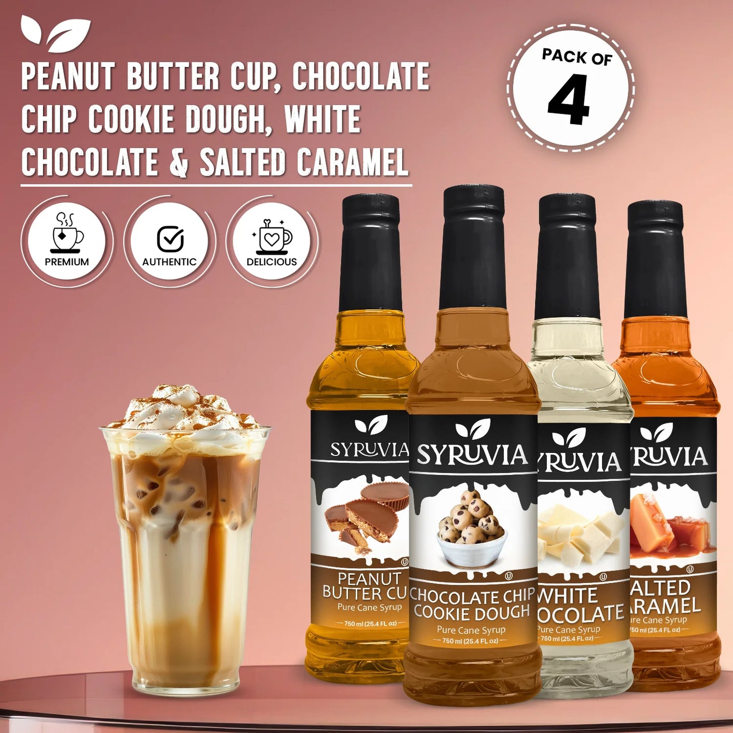 Variety Pack, Peanut Butter Cup, Chocolate Chip Cookie Dough, White Chocolate, and Salted Caramel Syrup