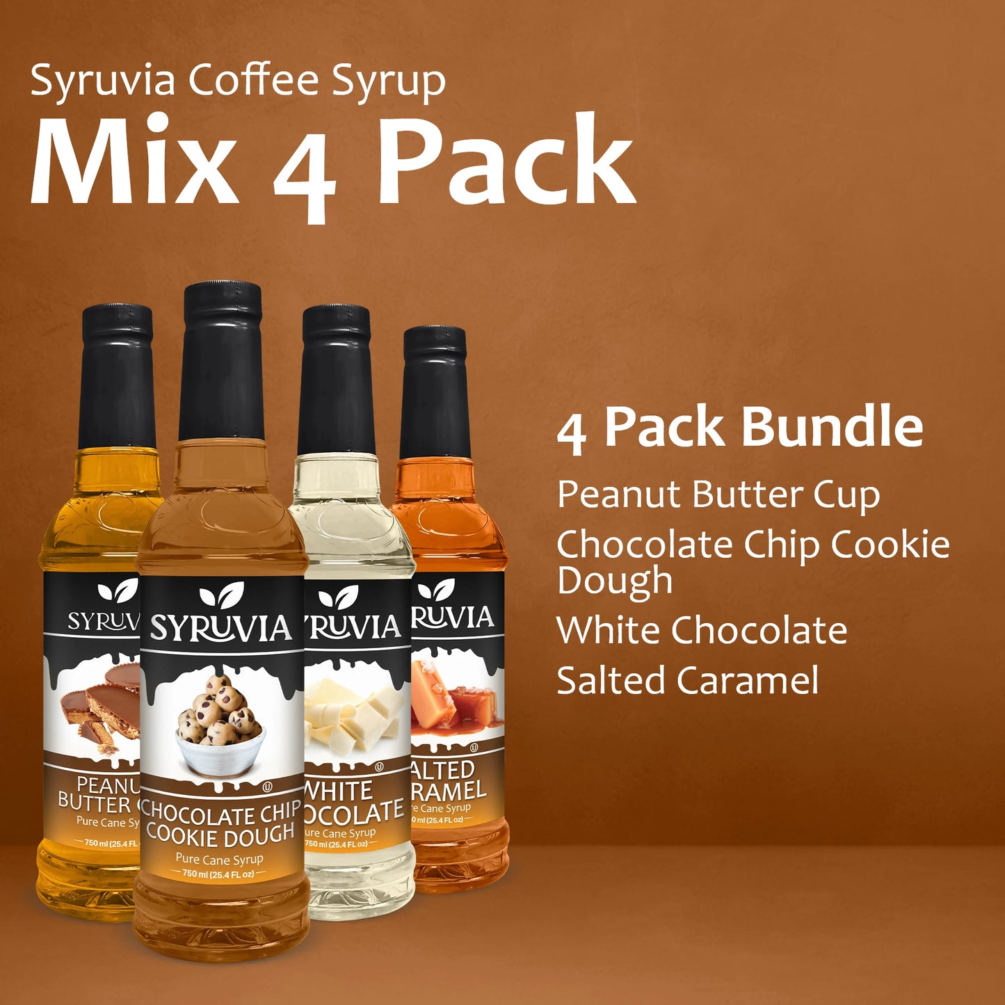 Variety Pack, Peanut Butter Cup, Chocolate Chip Cookie Dough, White Chocolate, and Salted Caramel Syrup