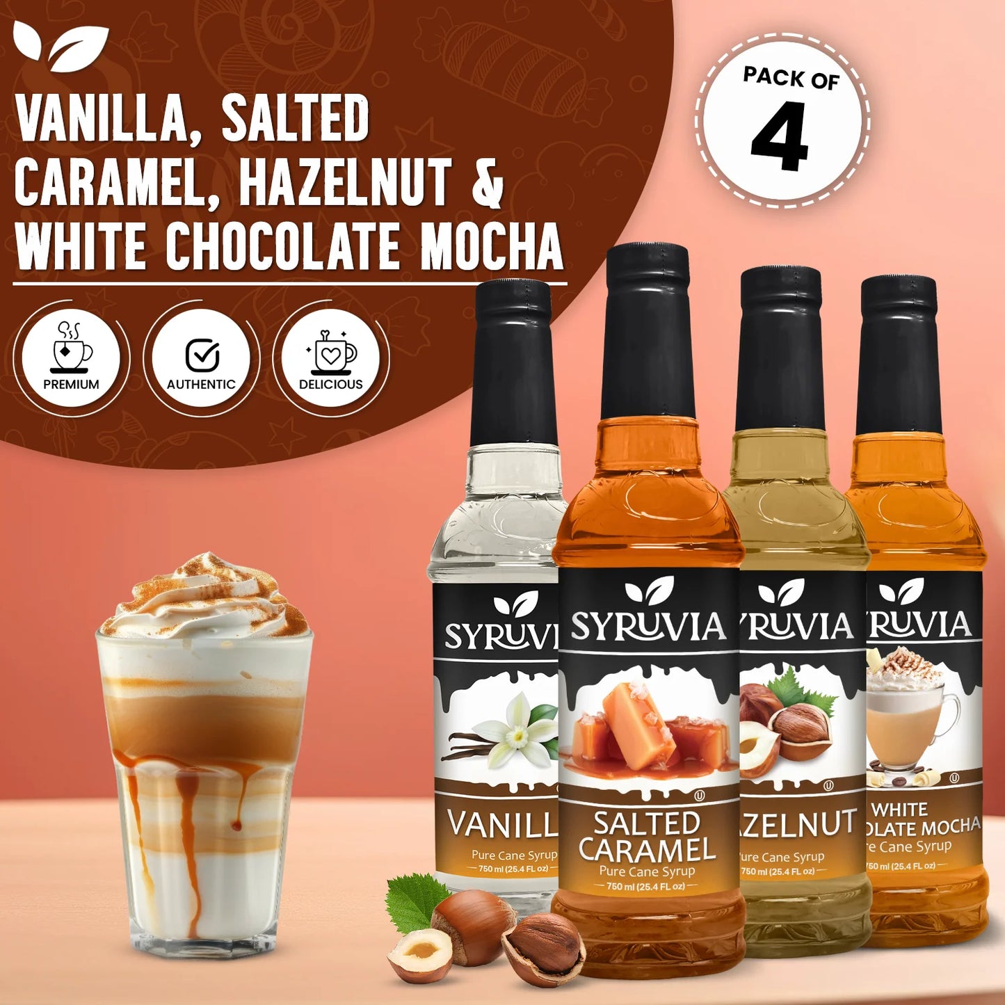 Variety Pack, Vanilla, Salted Caramel, Hazelnut, and White Chocolate Syrup