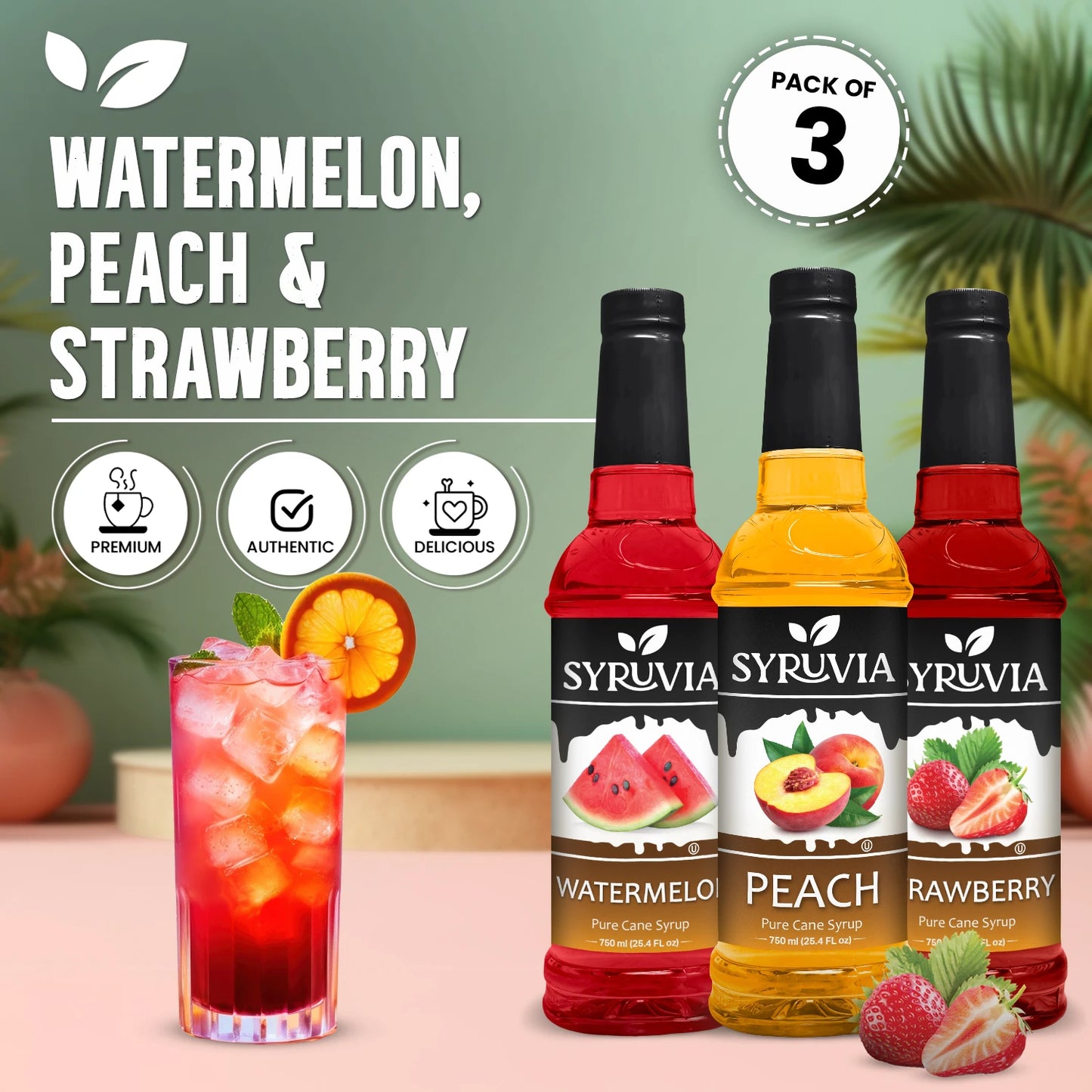 Variety Pack, Watermelon, Peach, and Strawberry Syrup