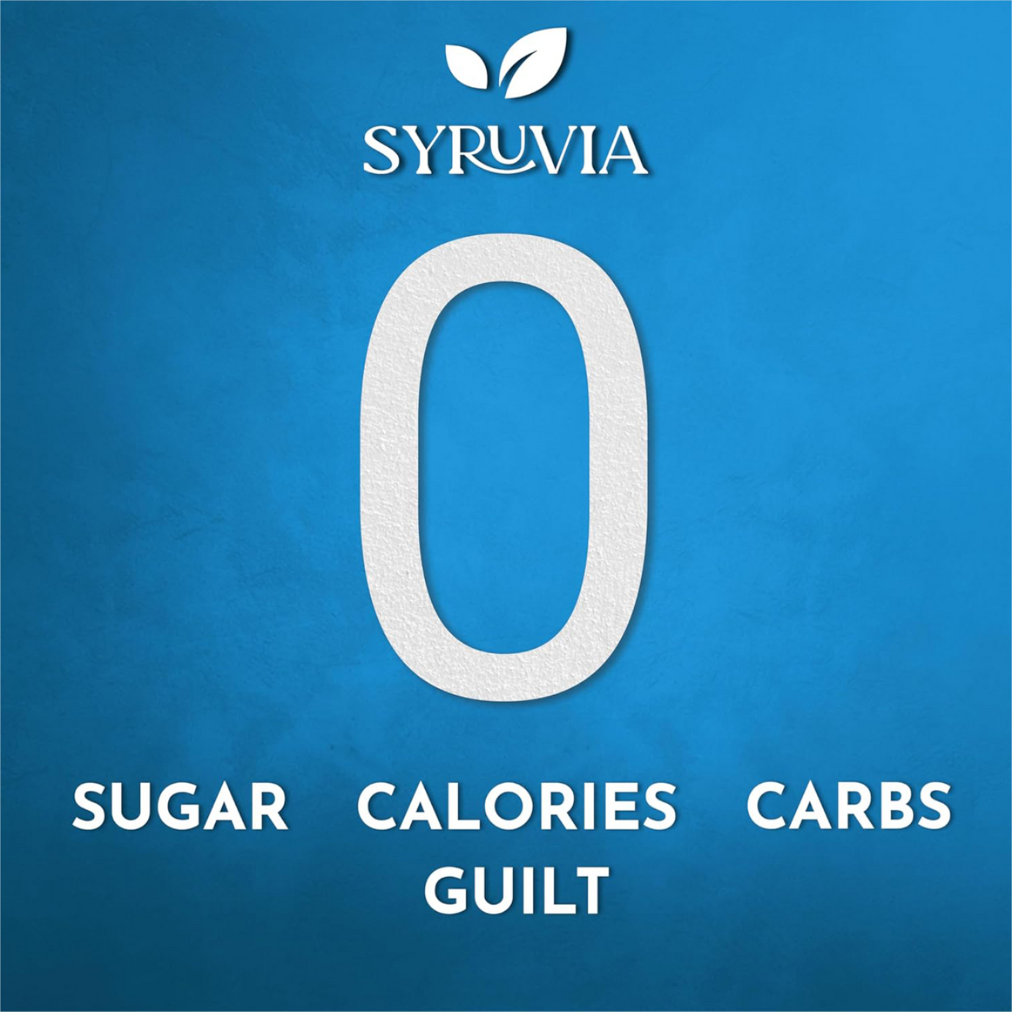 SYRUVIA logo with a large '0' on a blue background, indicating zero sugar, calories, and carbs.