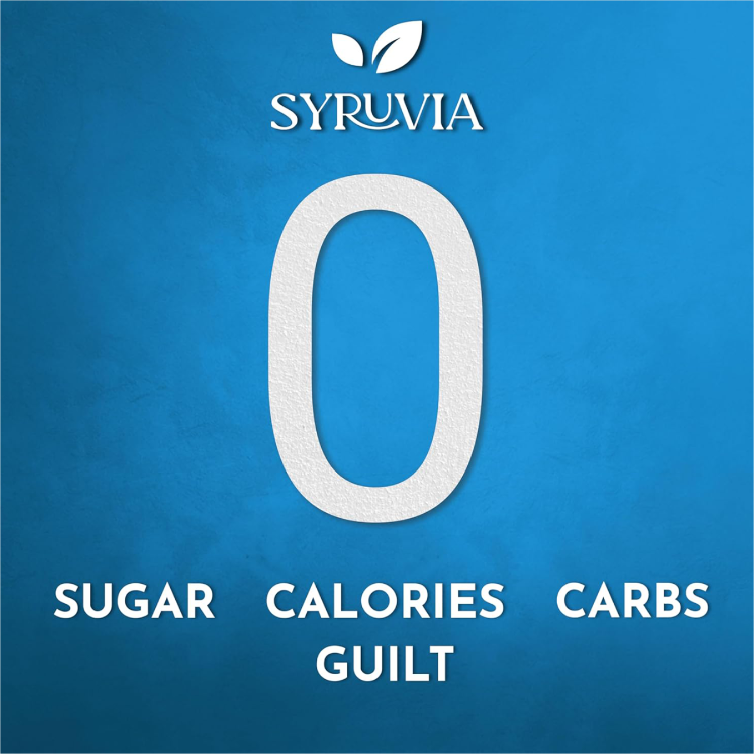 SYRUVIA logo with a large '0' on a blue background, indicating zero sugar, calories, and carbs.