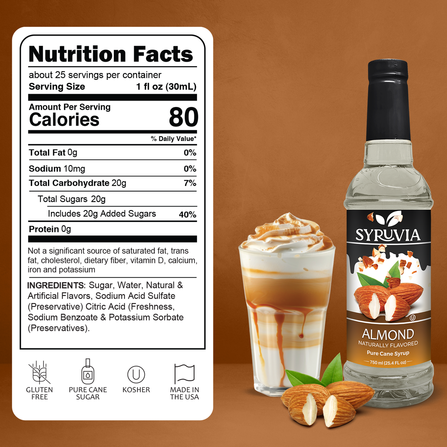 Almond Syrup Bottle With Iced Coffee Drink And Fresh Almonds On Table