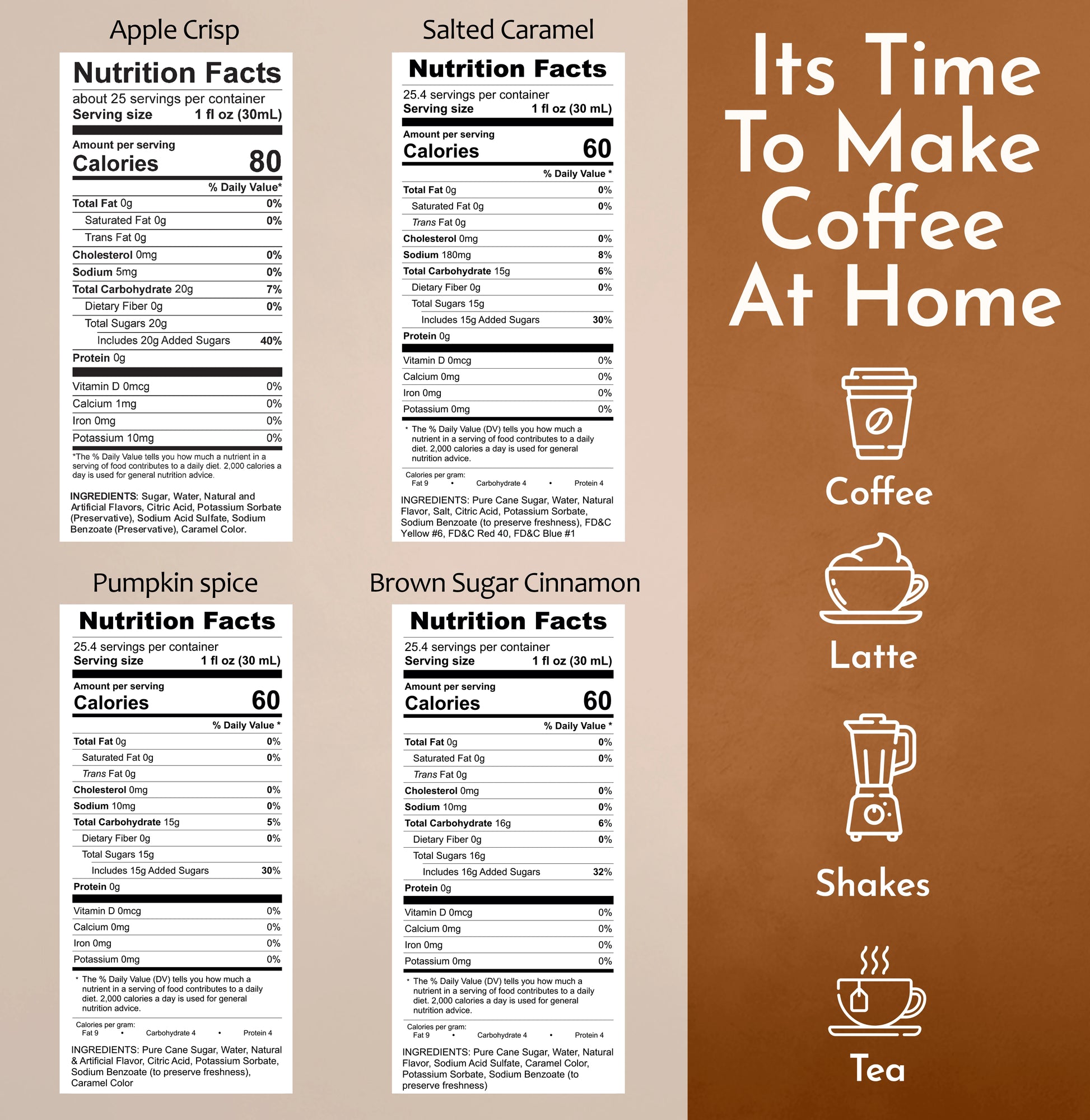 Apple Crisp coffee Syrup Salted Caramel coffee Syrup Pumpkin Spice coffee Syrup Brown Sugar Cinnamon coffee Syrup Nutrition Facts