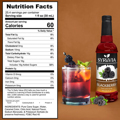Syruvia Blackberry Pure Cane Syrup Nutrition Facts Label Showing 60 Calories Per Serving With Blackberry Drink