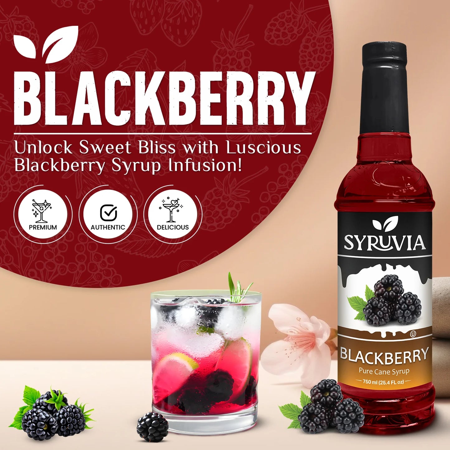 Syruvia Blackberry Pure Cane Syrup Bottle With Blackberry Cocktail And Fresh Fruit Garnish