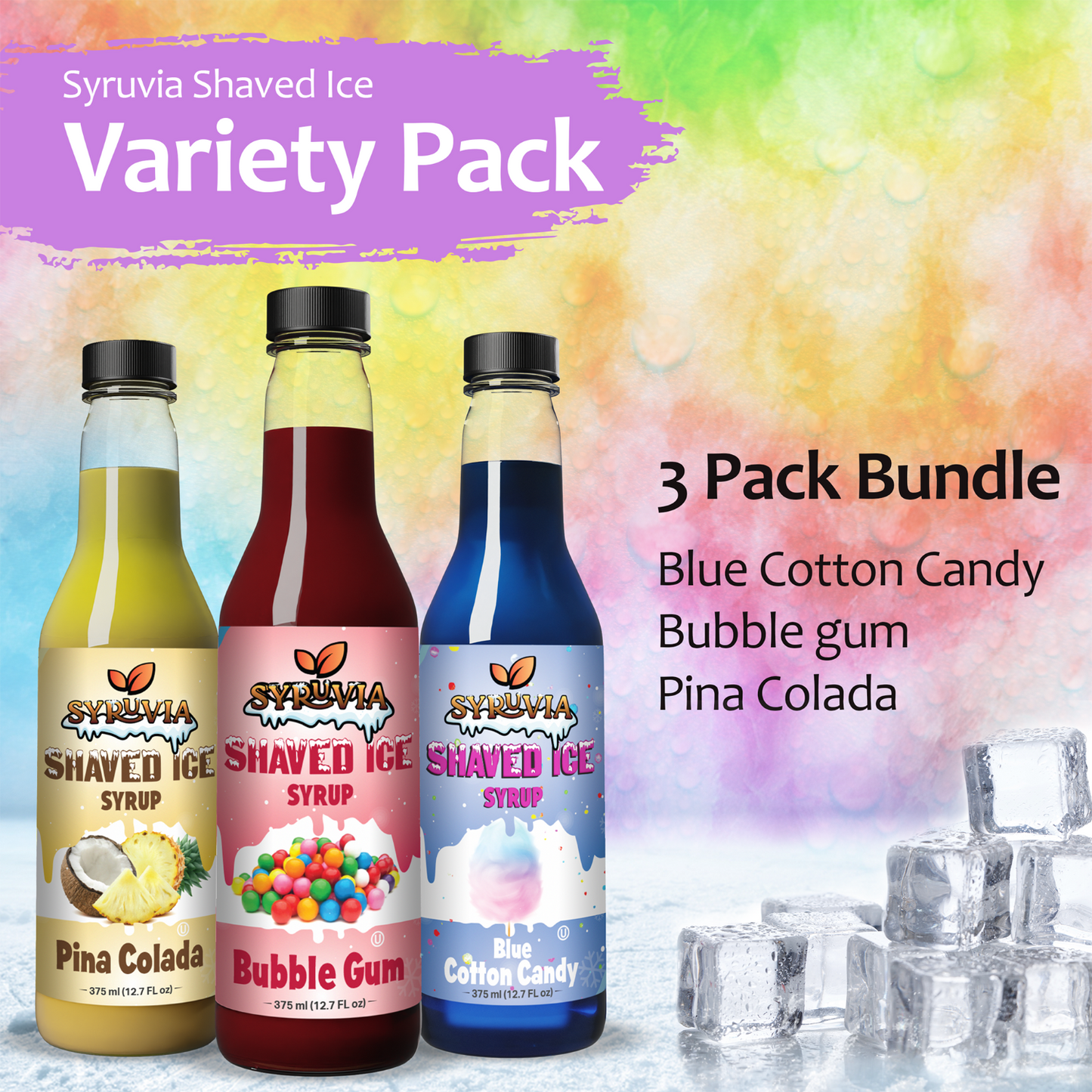 Variety Pack Blue Cotton Candy, Bubble Gum, Pina Colada Shaved Ice Syrup