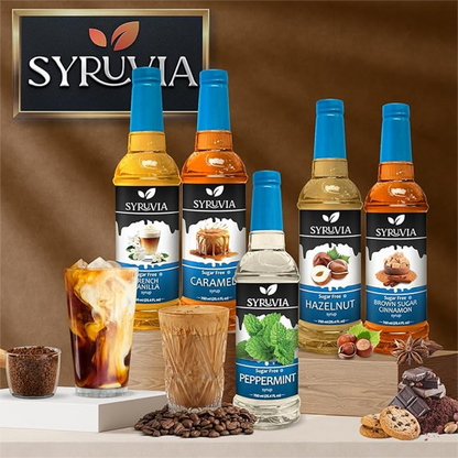 SYRUVIA syrup bottles with corresponding drinks and ingredients on a brown background