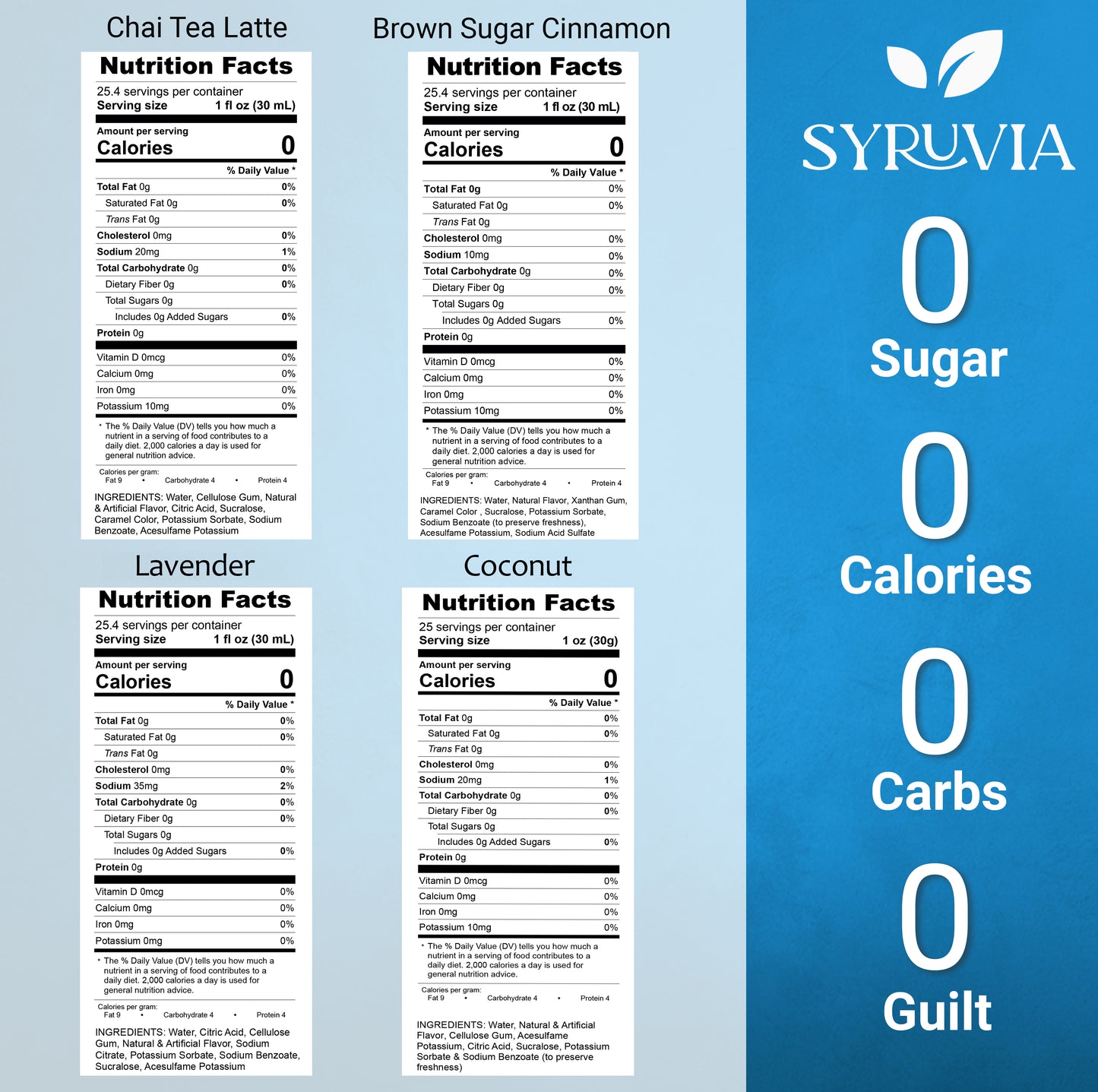 Variety Pack, Sugar Free Chai Tea, Brown Sugar Cinnamon, Coconut, and Lavender Syrup