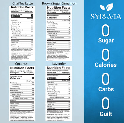 Variety Pack, Sugar-Free Chai Tea, Brown Sugar Cinnamon, Coconut, and Lavender Syrup