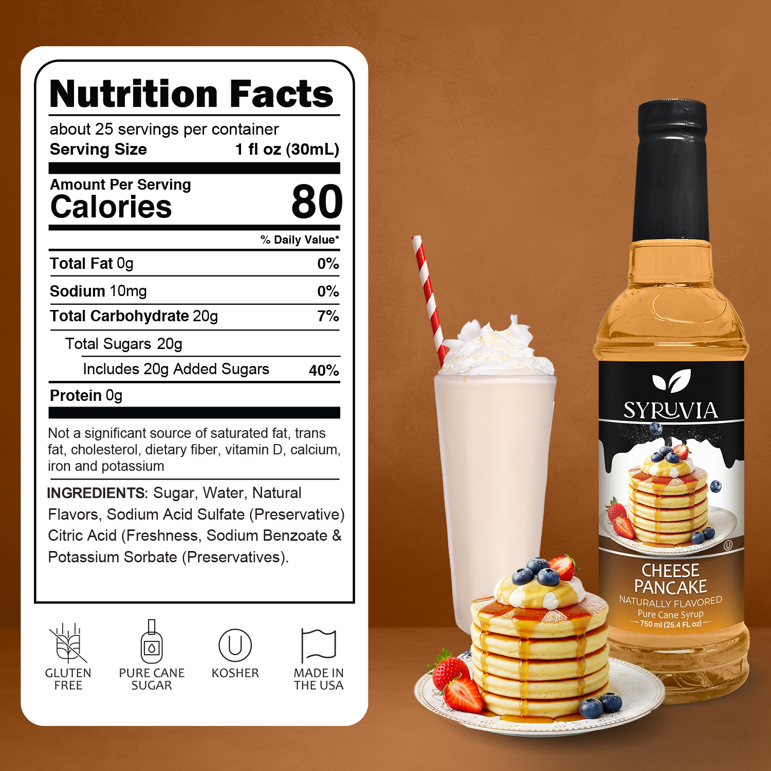 Cheese Pancake Syrup Bottle With Milkshake And Stacked Pancakes With Syrup Drizzle