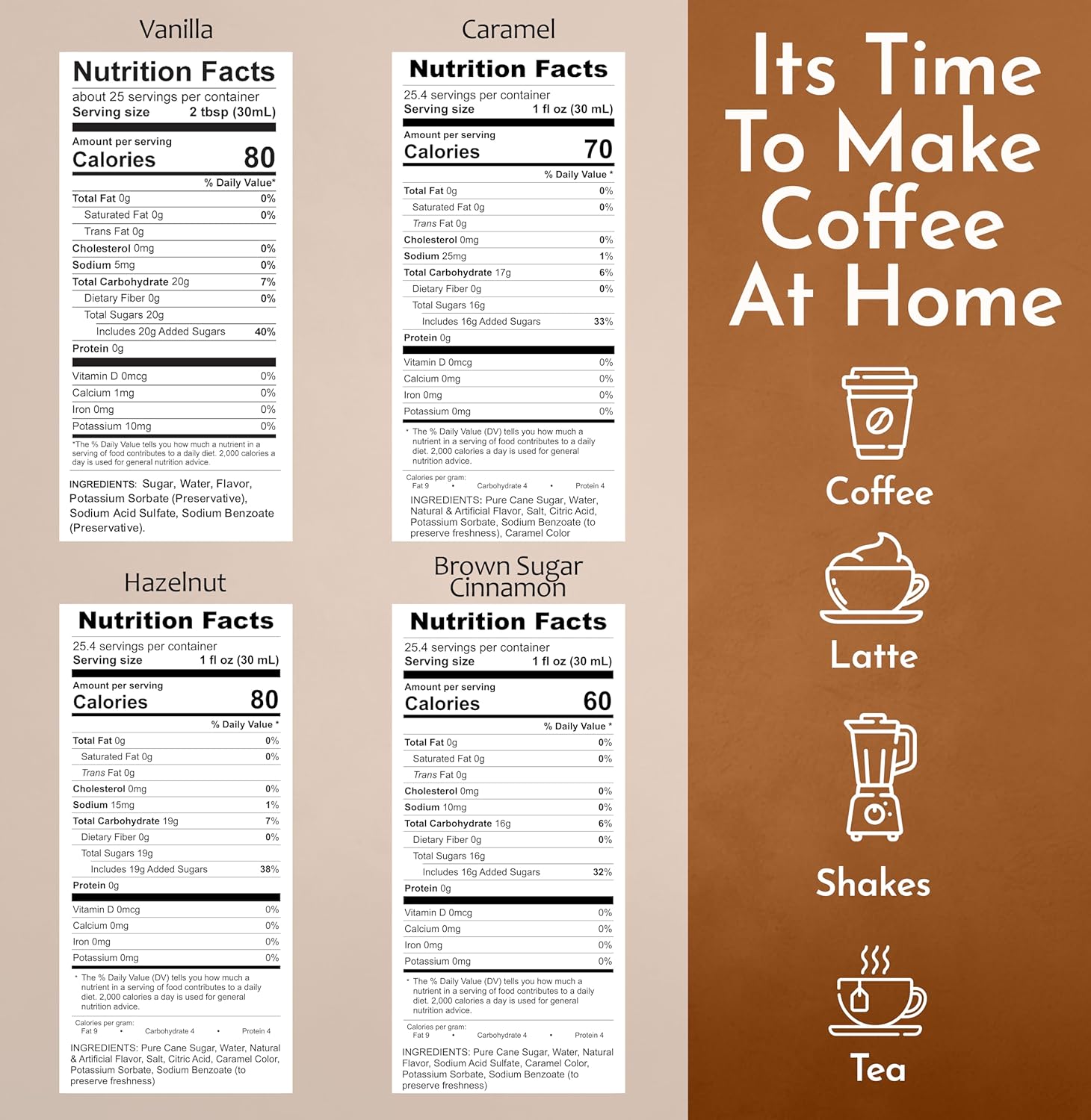 Coffeehouse_Set_Pack_of_4Vanilla, luscious Caramel, nutty Hazelnut, and aromatic Brown Sugar Cinnamon flavors Nutrition Facts