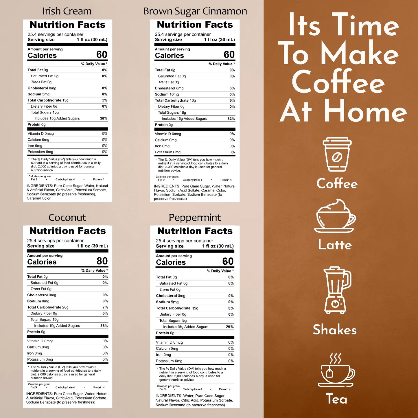 Irish Cream Brown Sugar Cinnamon  Coconut Peppermint syrup  nutrition facts 
