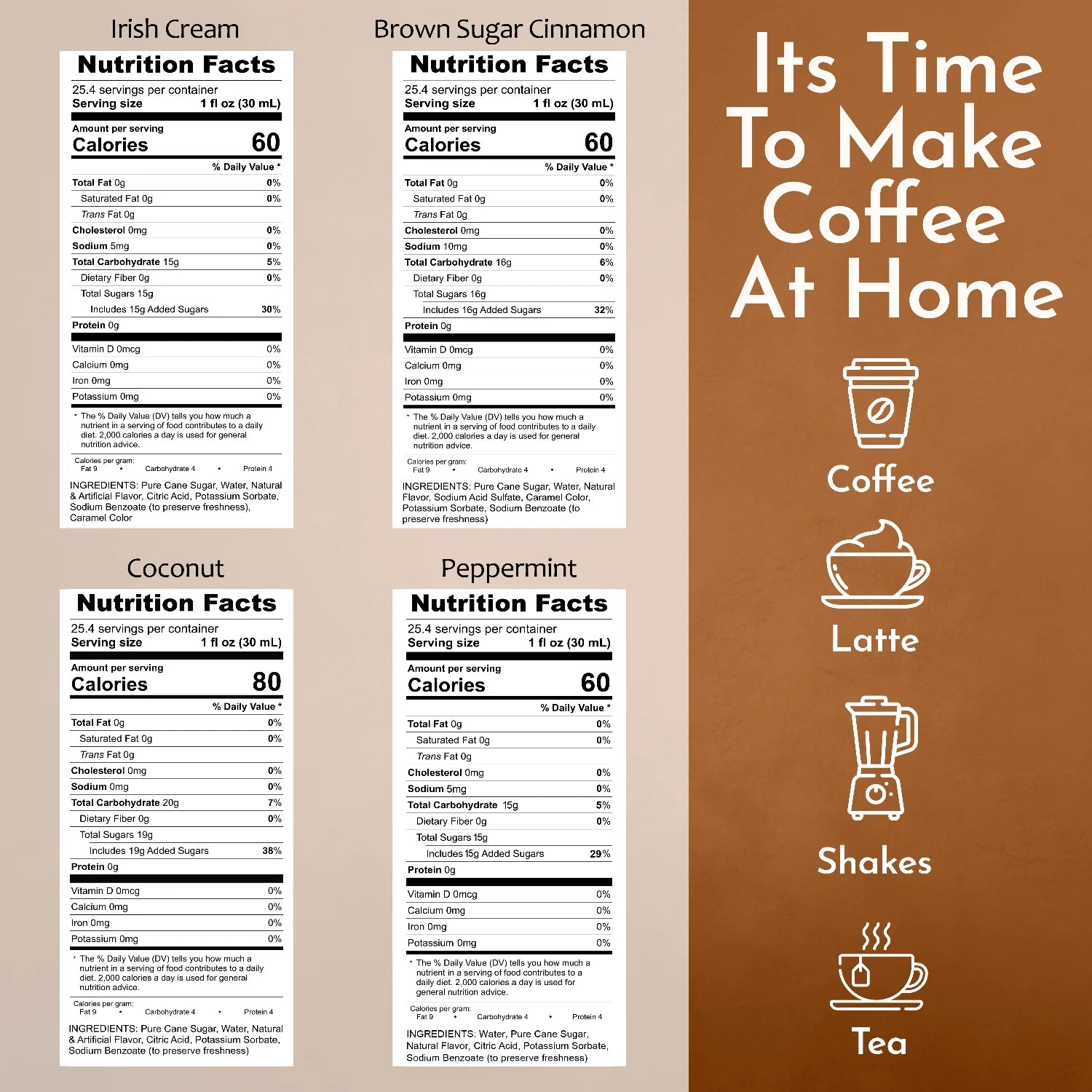 Irish Cream Brown Sugar Cinnamon  Coconut Peppermint syrup  nutrition facts 