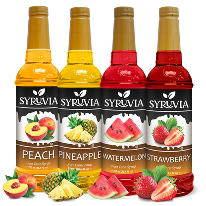 Variety Pack, Peach, Pineapple, Watermelon, and Strawberry Fruity Syrup