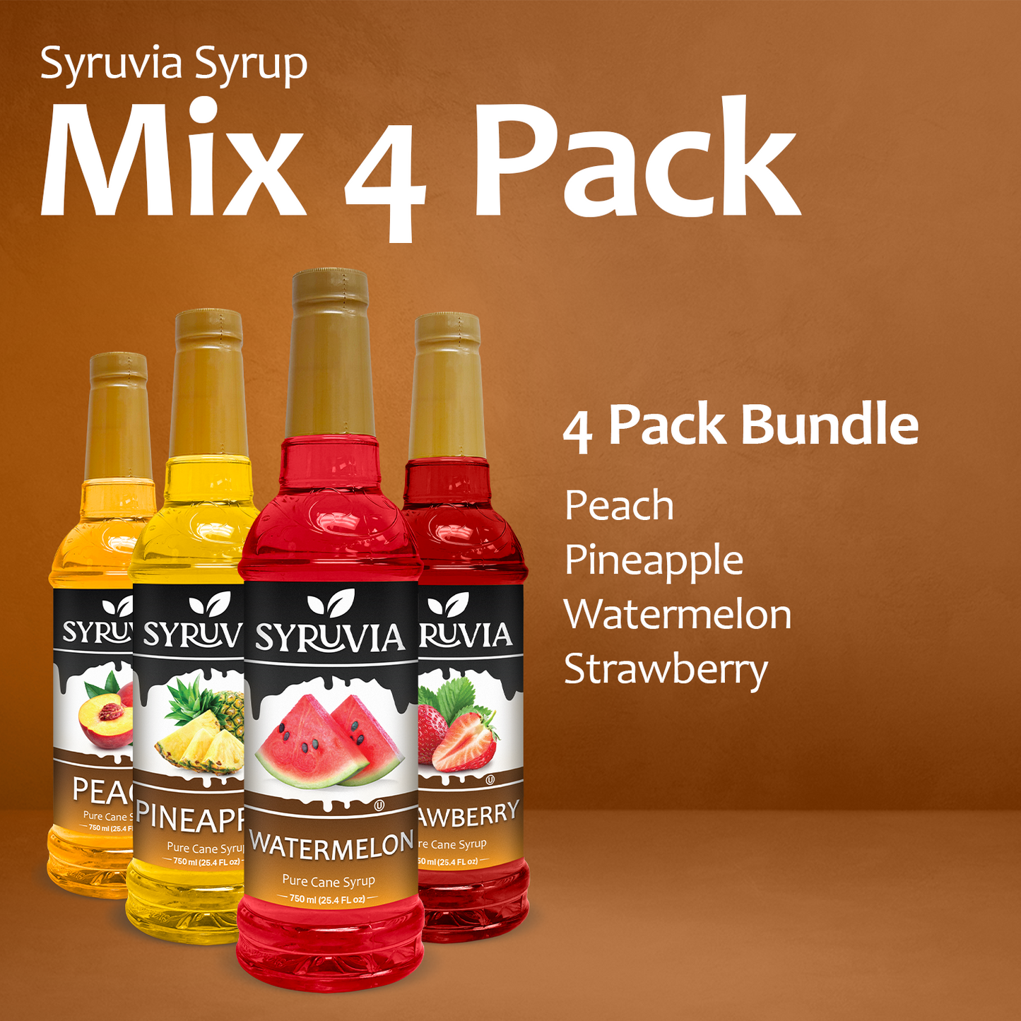 Variety Pack, Peach, Pineapple, Watermelon, and Strawberry Fruity Syrup