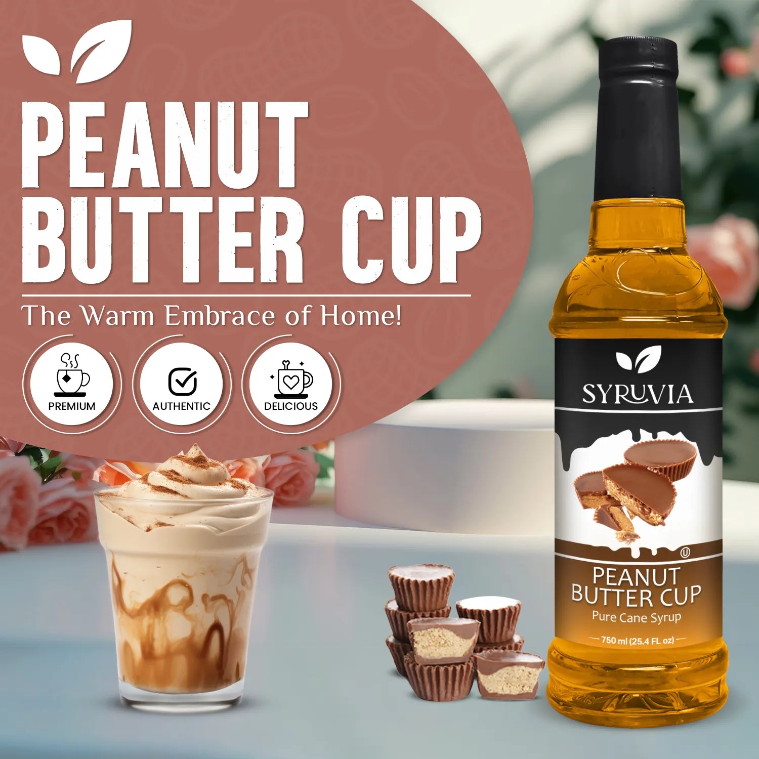 Syruvia Peanut Butter Cup Coffee Syrup Bottle With Creamy Iced Drink Premium Authentic Delicious
