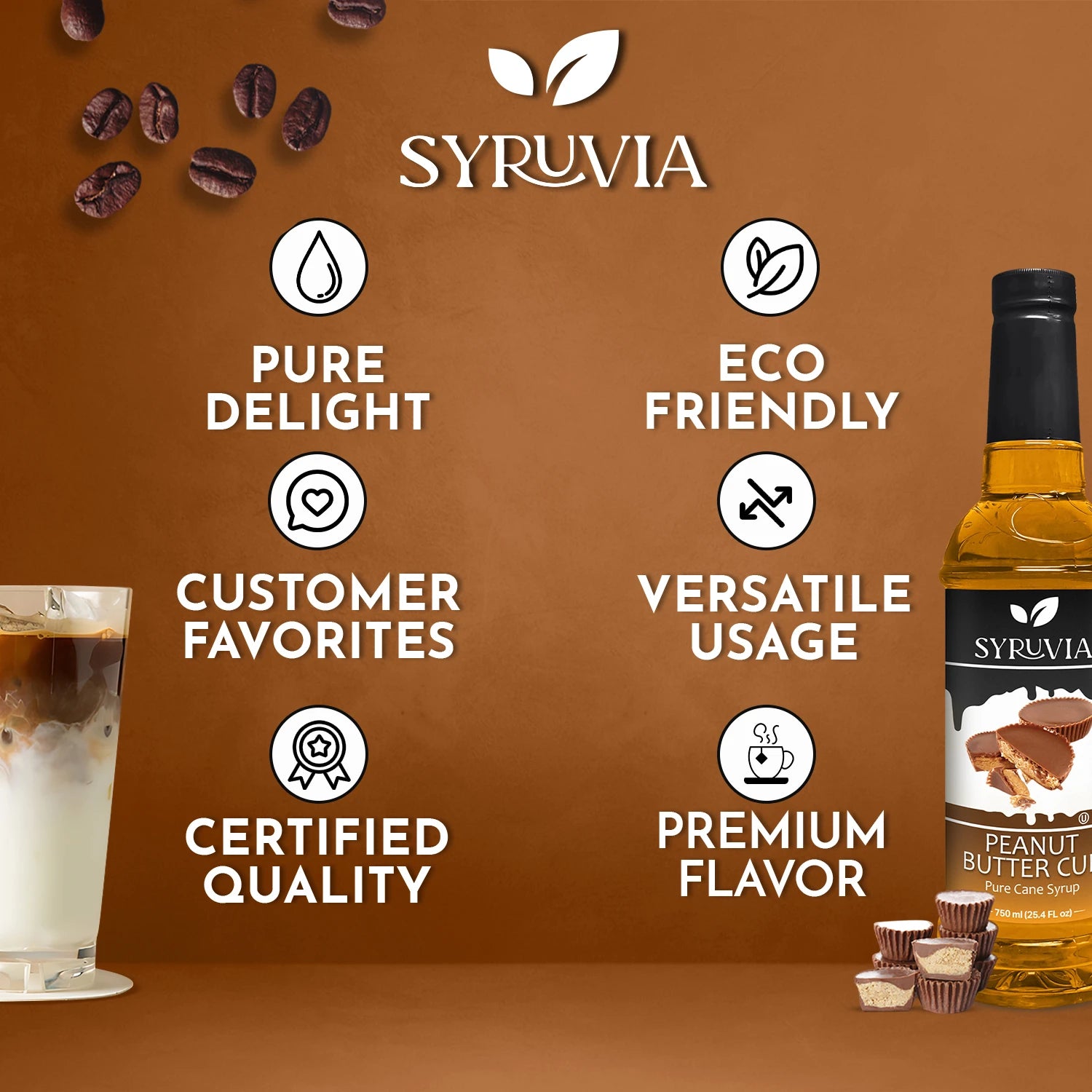 Syruvia Peanut Butter Cup Coffee Syrup With Pure Delight Eco Friendly Certified Quality And Premium Flavor
