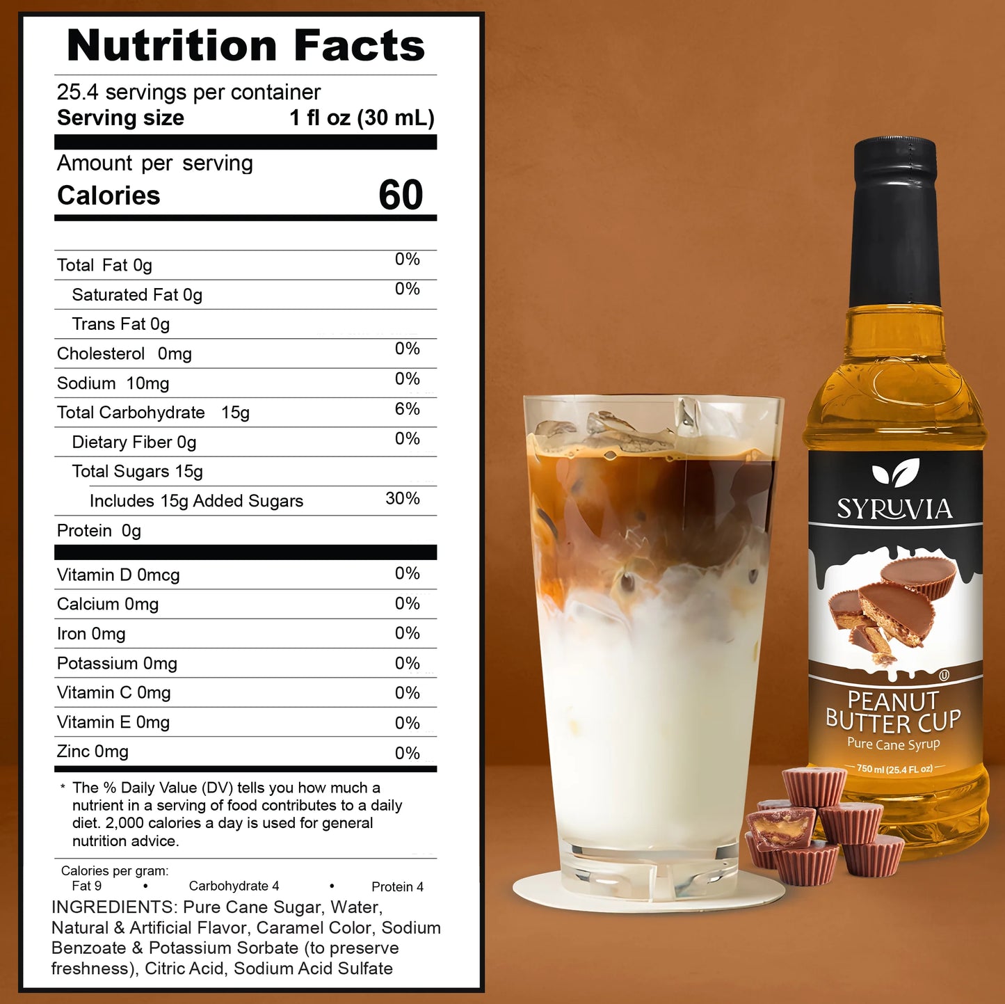 Syruvia Peanut Butter Cup Syrup Nutrition Facts Label With Iced Coffee Drink And Chocolate Peanut Butter Cups