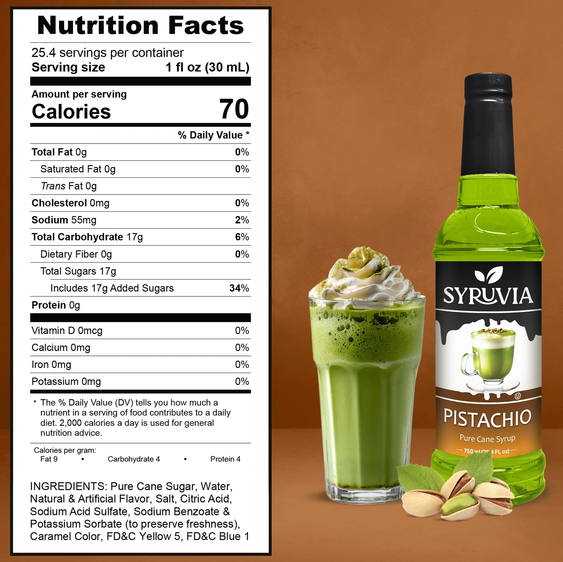 Syruvia Pistachio Pure Cane Syrup Nutrition Facts Label Showing 70 Calories Per Serving
