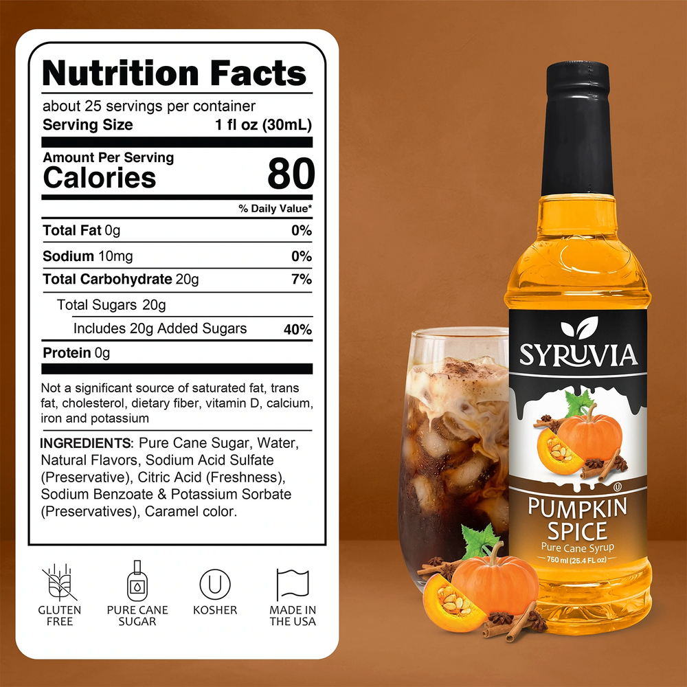 Syruvia Pumpkin Spice Syrup 25.4 Fl oz (6-Pack)