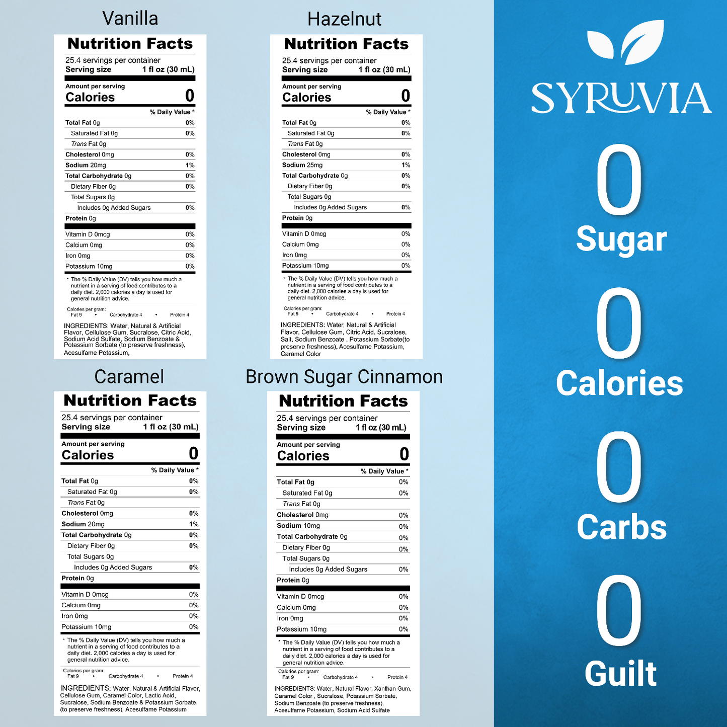 Variety Pack, Sugar Free Vanilla, Caramel, Hazelnut, and Brown Sugar Cinnamon Syrup