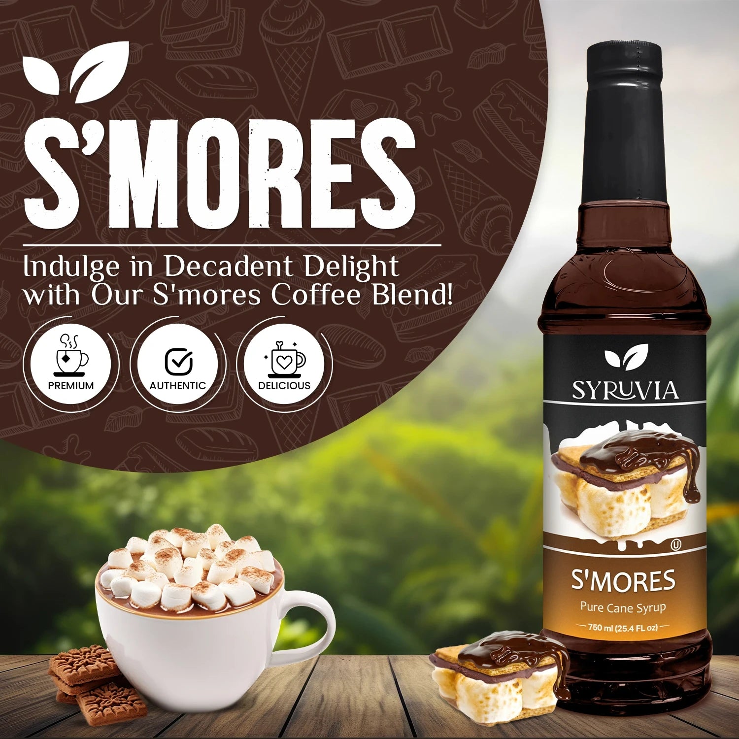 Syruvia Smores Coffee Syrup Bottle With Marshmallow Mocha Drink Premium Authentic Delicious