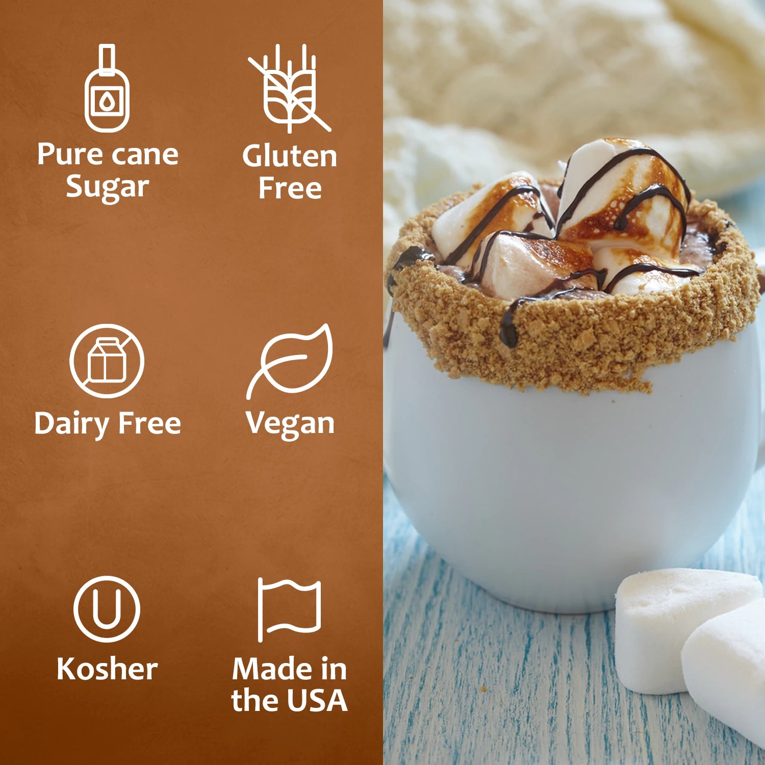 Syruvia Smores Syrup With Pure Cane Sugar Gluten Free Dairy Free Vegan Kosher Made In USA Features