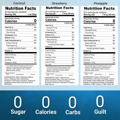 Variety Pack, Sugar Free Pineapple, Strawberry, and Coconut Fruity Syrup
