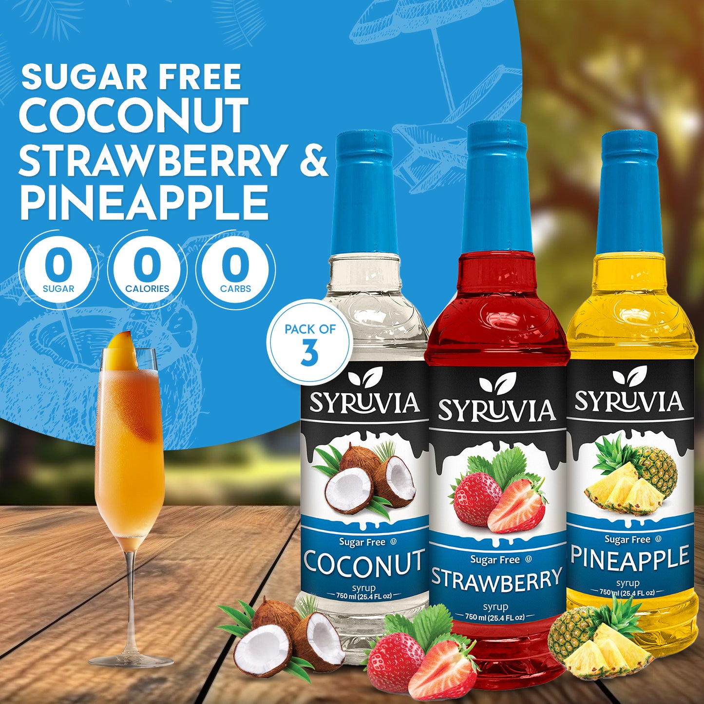 Variety Pack, Sugar Free Pineapple, Strawberry, and Coconut Fruity Syrup