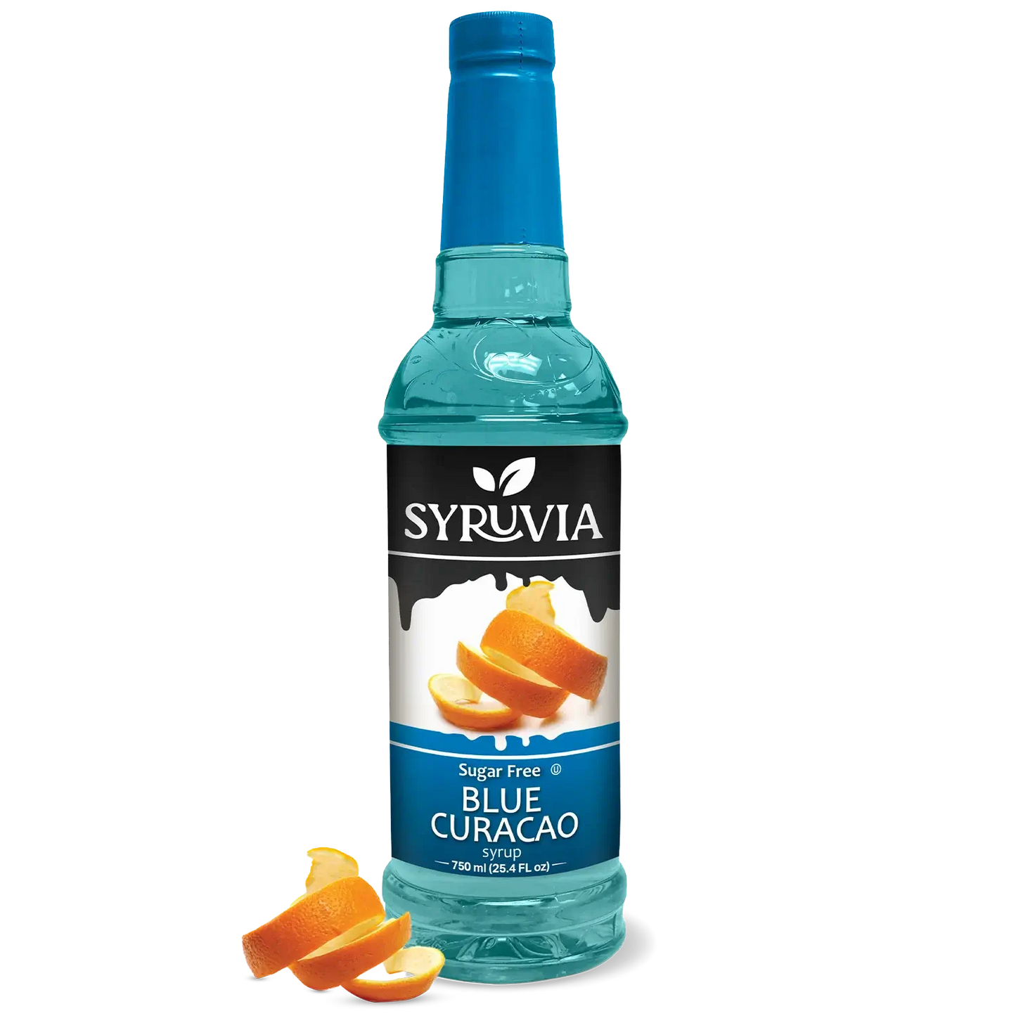 Syruvia Sugar Free Blue Curacao Syrup Bottle 750ml With Fresh Orange Slices