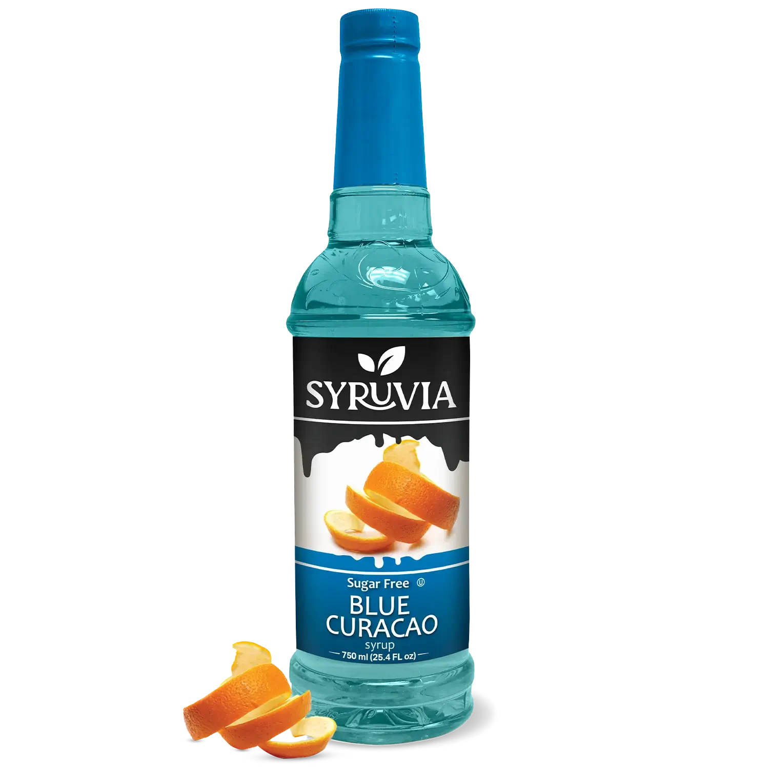 Syruvia Sugar Free Blue Curacao Syrup Bottle 750ml With Fresh Orange Slices
