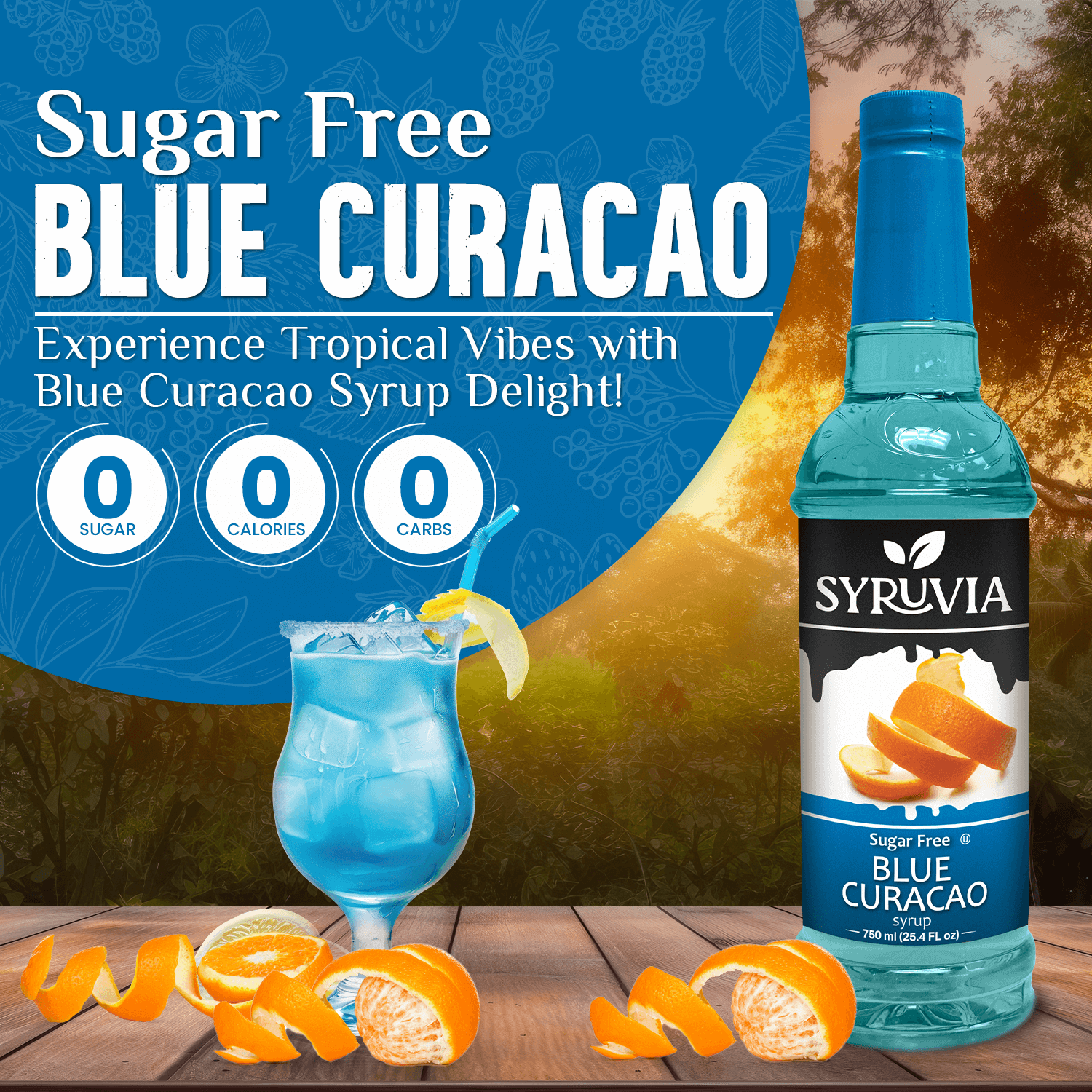 Syruvia Sugar Free Blue Curacao Syrup Bottle With Tropical Blue Drink Zero Sugar Zero Calories Zero Carbs