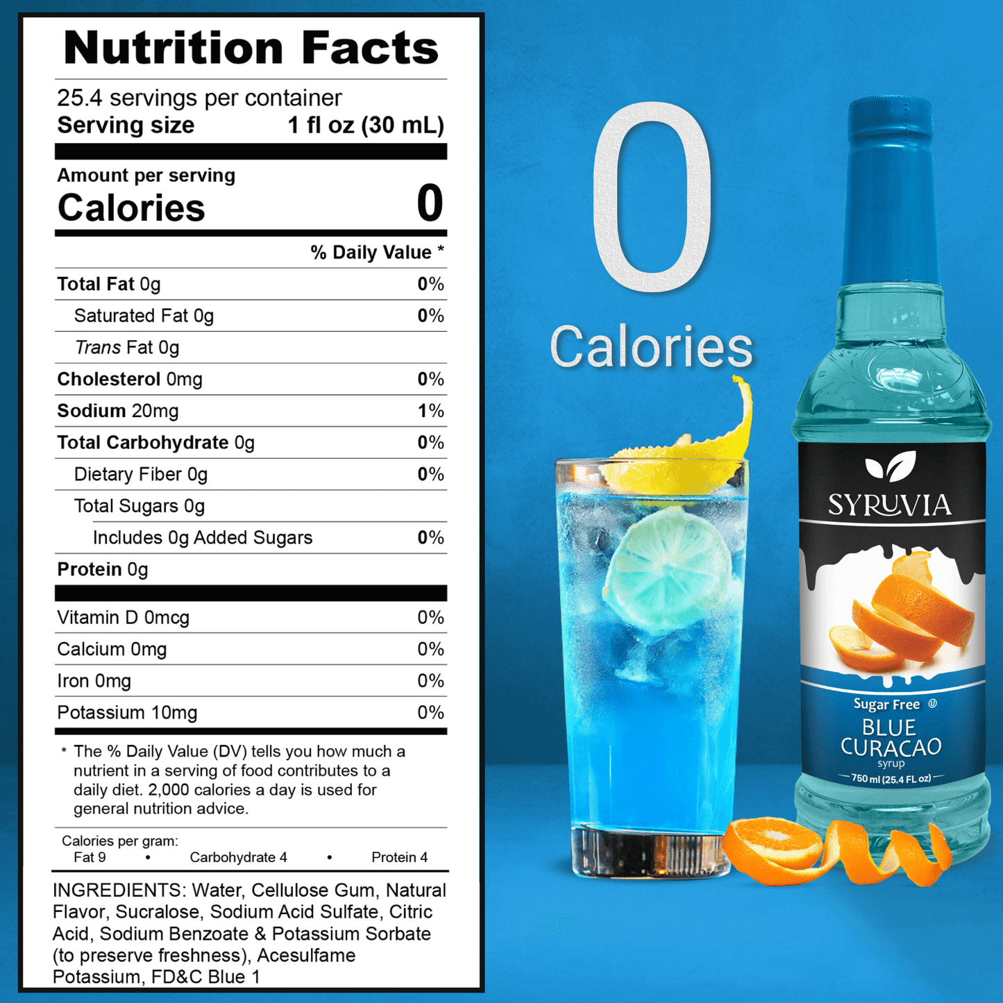 Syruvia Sugar Free Blue Curacao Syrup Nutrition Facts Label Showing Zero Calories With Blue Cocktail Drink